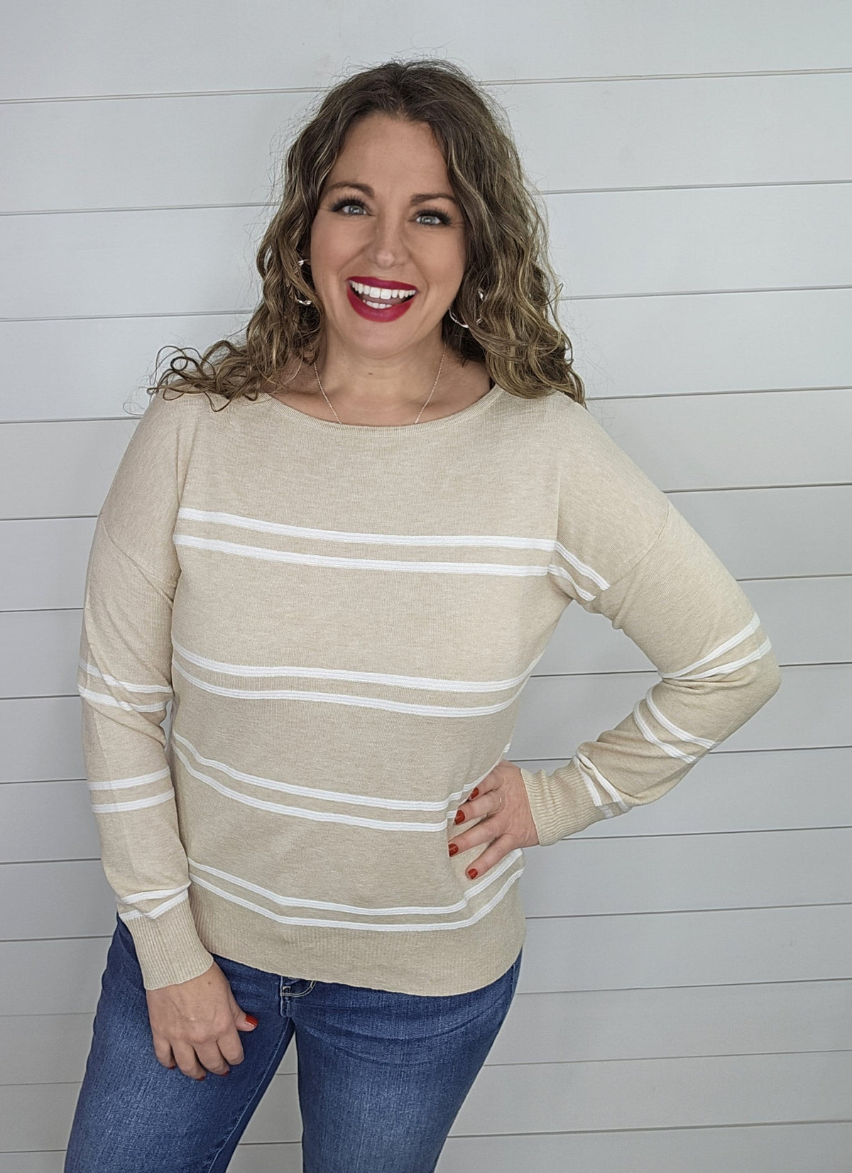 TAUPE TEXTURED STRIPE BOAT NECK SWEATER