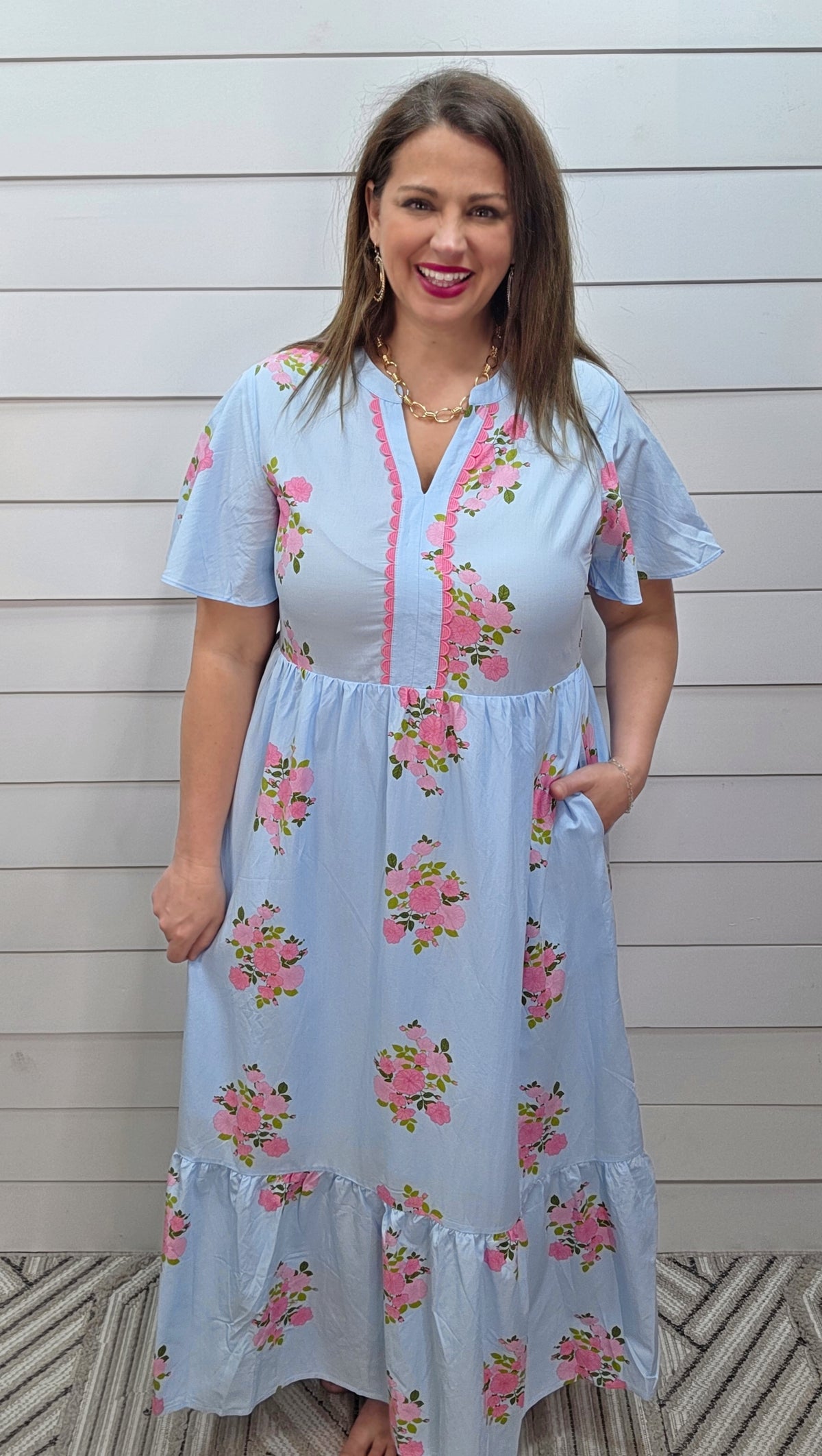 SKY BLUE/PINK FLORAL LONG DRESS