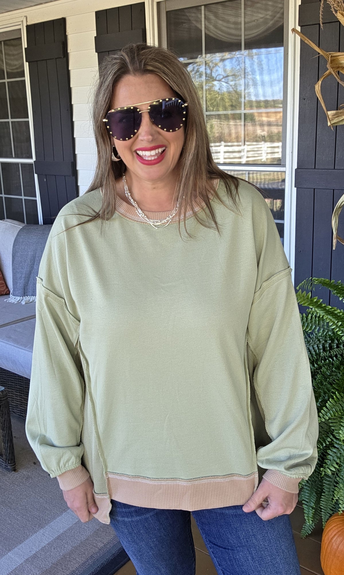 GREEN FRENCH TERRY/WAFFLE TEXTURE KNIT TOP