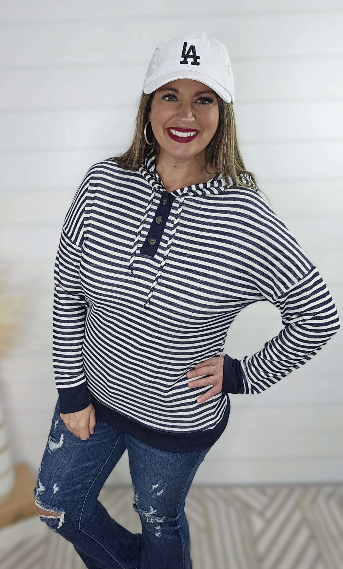 NAVY STRIPED FRENCH TERRY LIGHT WEIGHT HOODIE