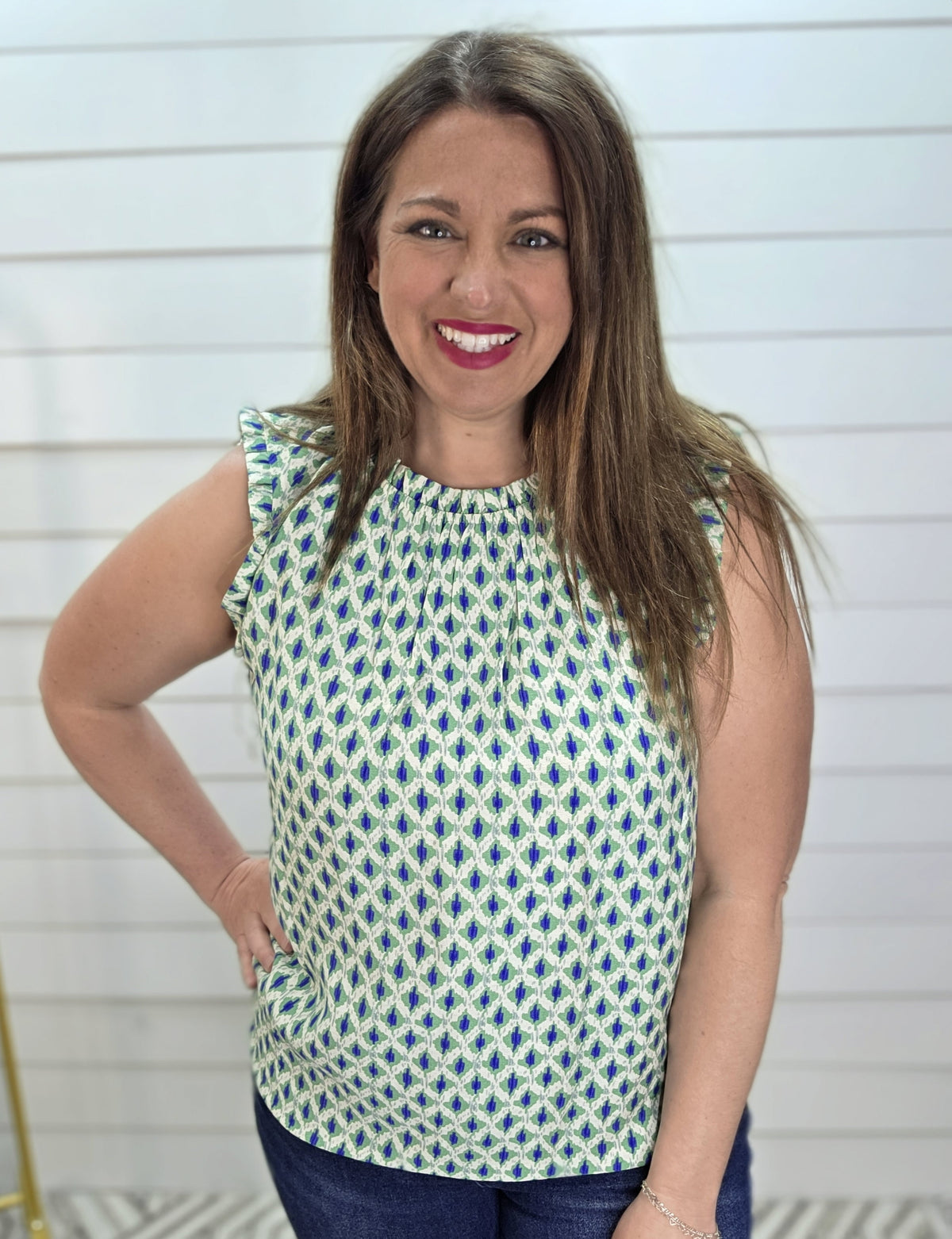 GREEN/NAVY HIGH NECK WOVEN SLEEVELESS TOP