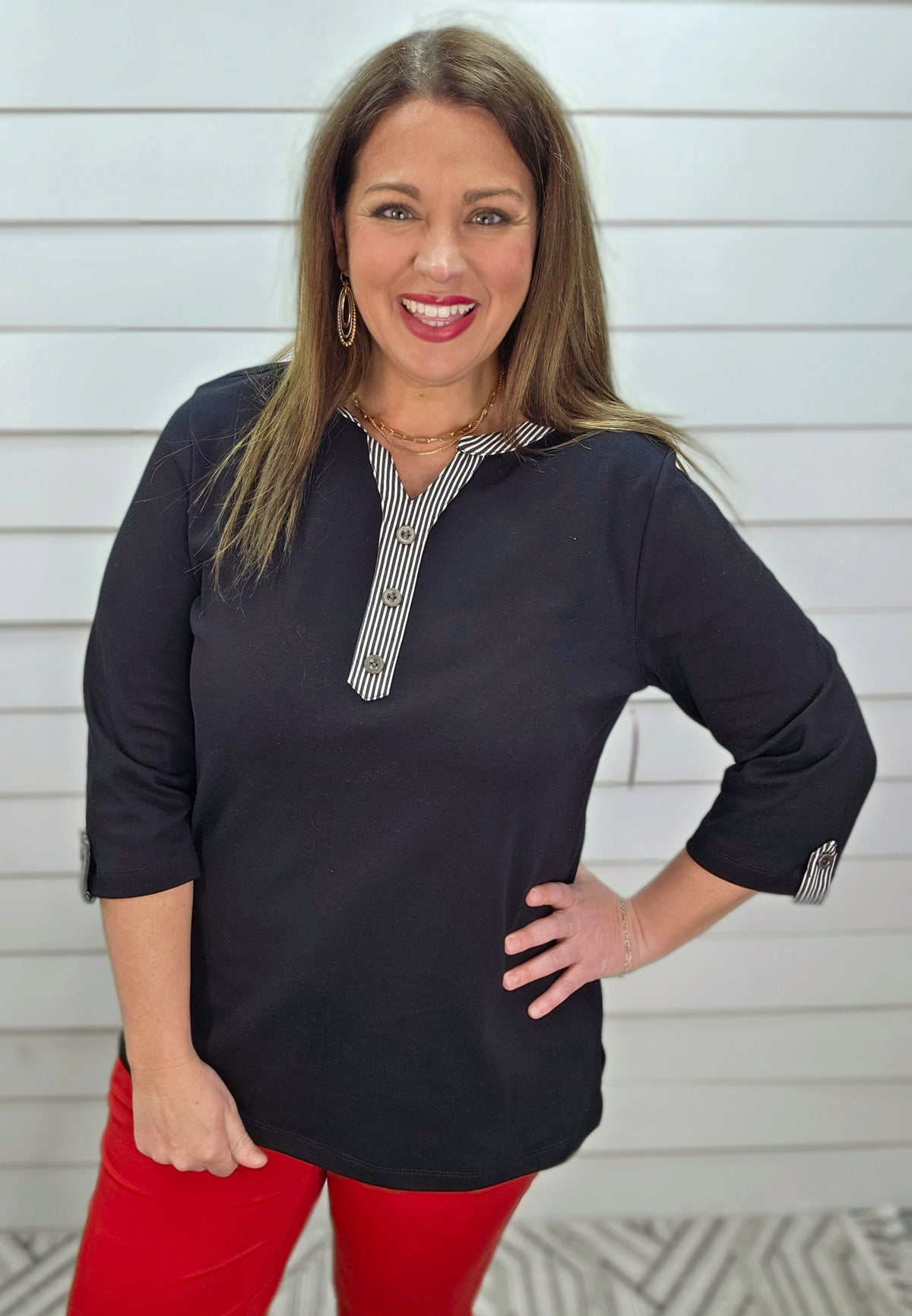 BLACK COTTON BLEND TOP W/ PINSTRIPE DETAIL