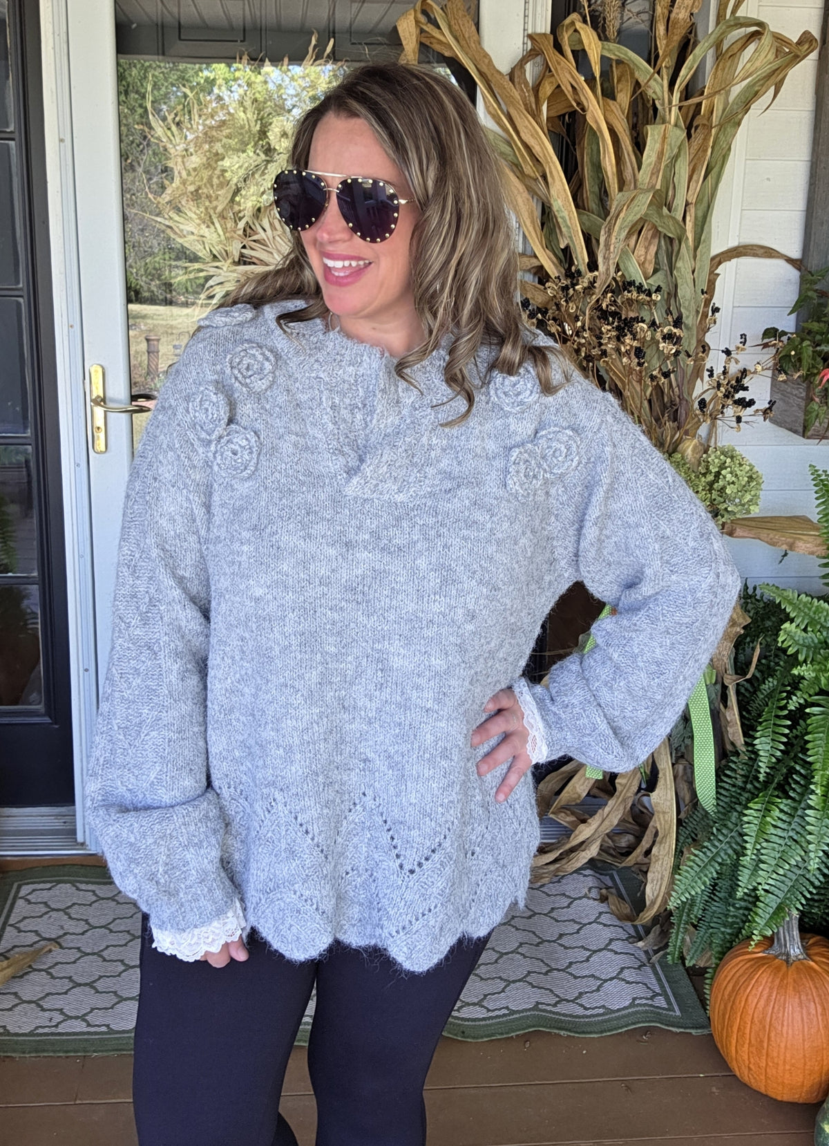 POL HEATHER GREY FLORAL TRIM SWEATER WITH SCALLOPS AND LACE TRIM