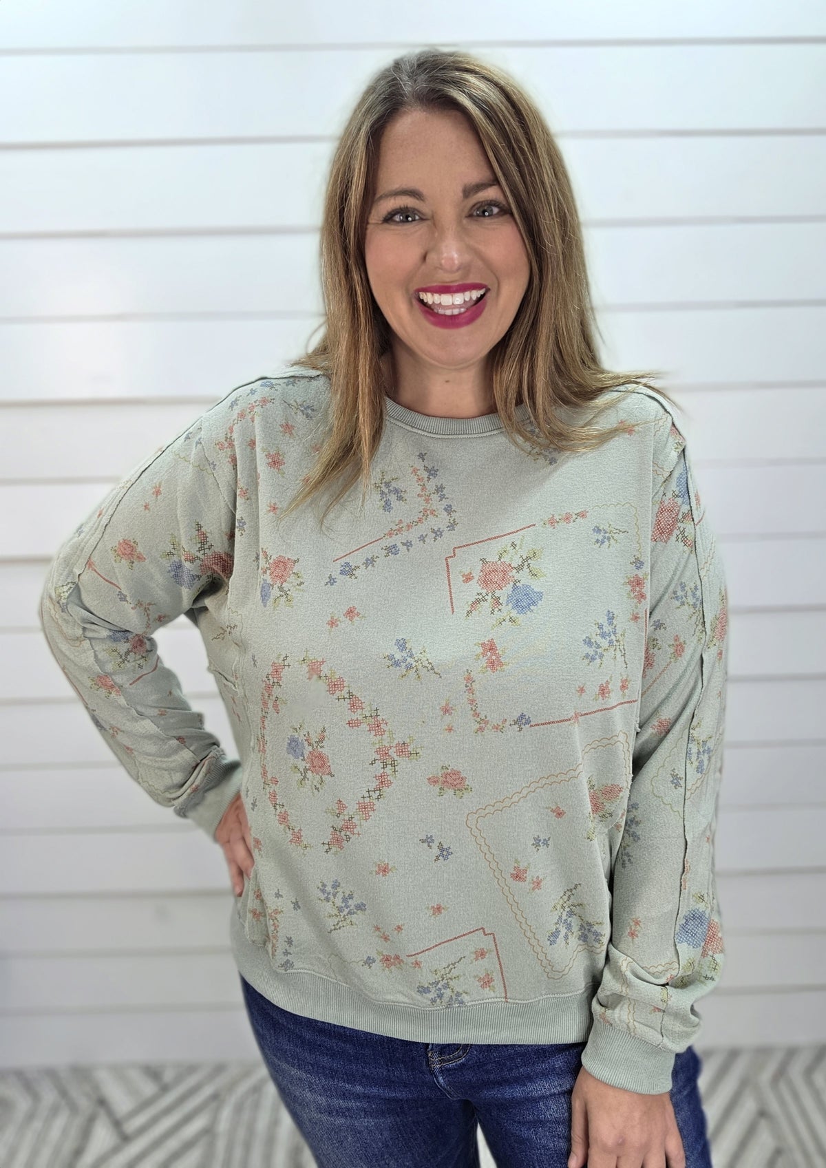 DUSTY BLUE FLORAL VICTORIAN PRINT OVERSIZED TOP