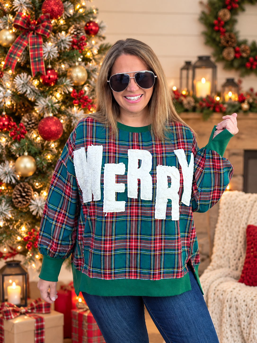 GREEN PLAID OVERSIZED TOP W/ SHERPA MERRY ON IT