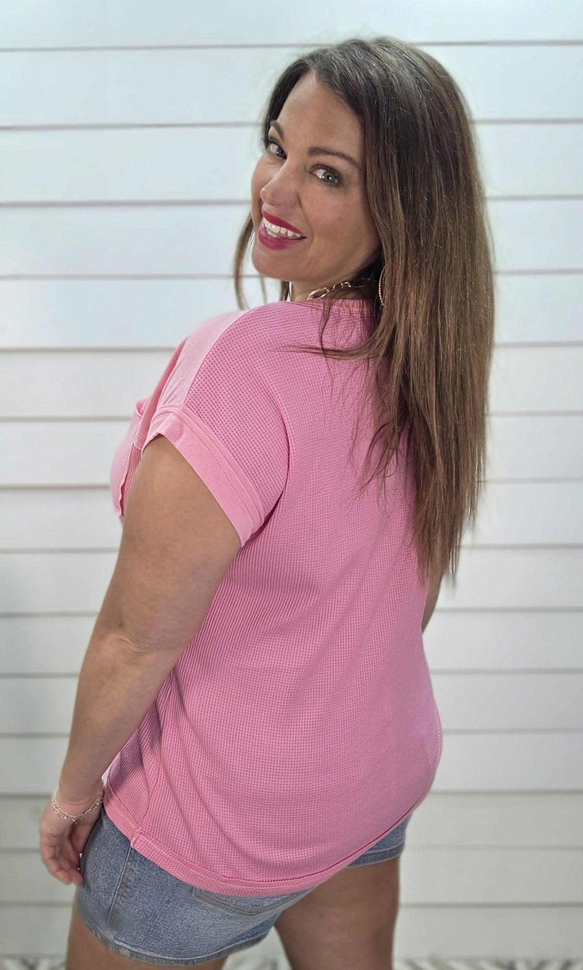 PINK WAFFLE CONTRAST KNIT POCKET TOP