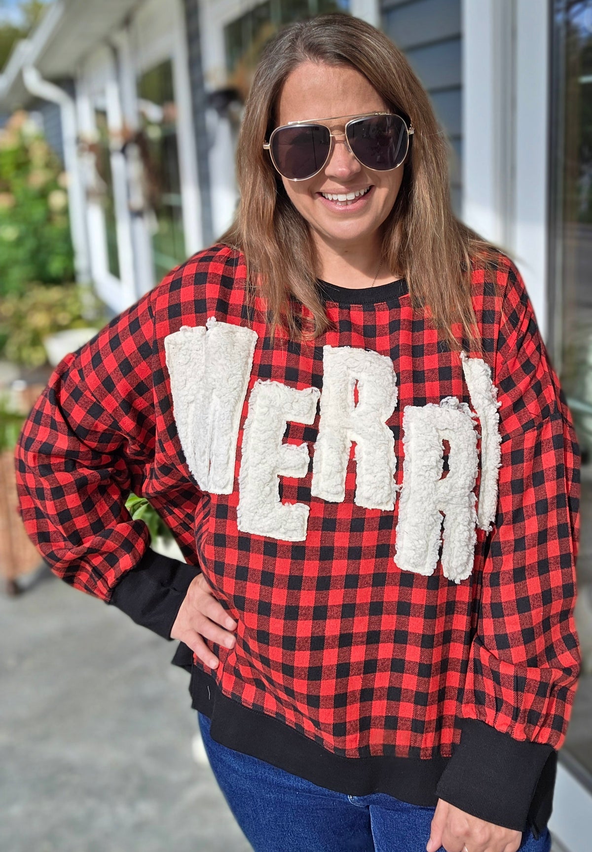 RED/BLACK BUFFALO CHECK MERRY OVERSIZED TOP