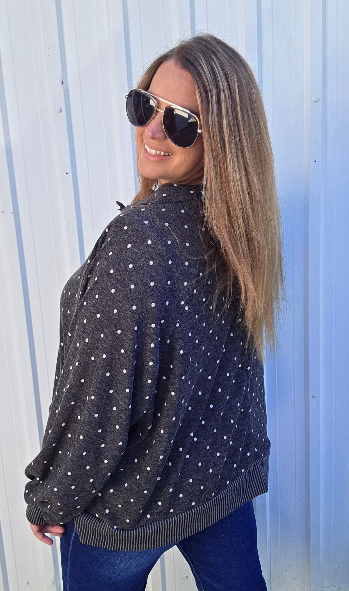 Charcoal Collared Neck Long Sleeve Polkadot Pullover Top With A Relaxed Loose Fit