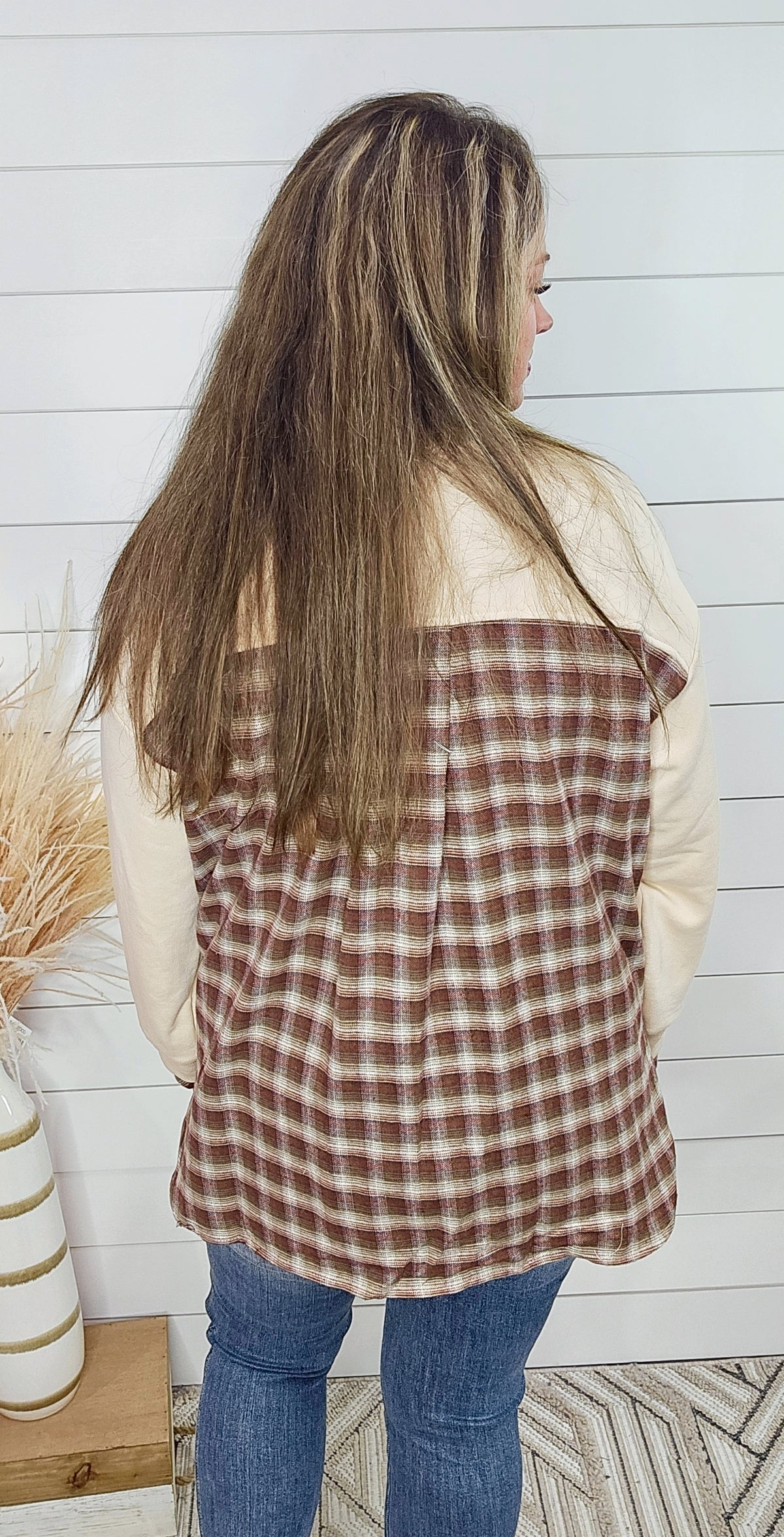 TAUPE FRENCH TERRY OVERSIZED PLAID CONTRAST PULLOVER