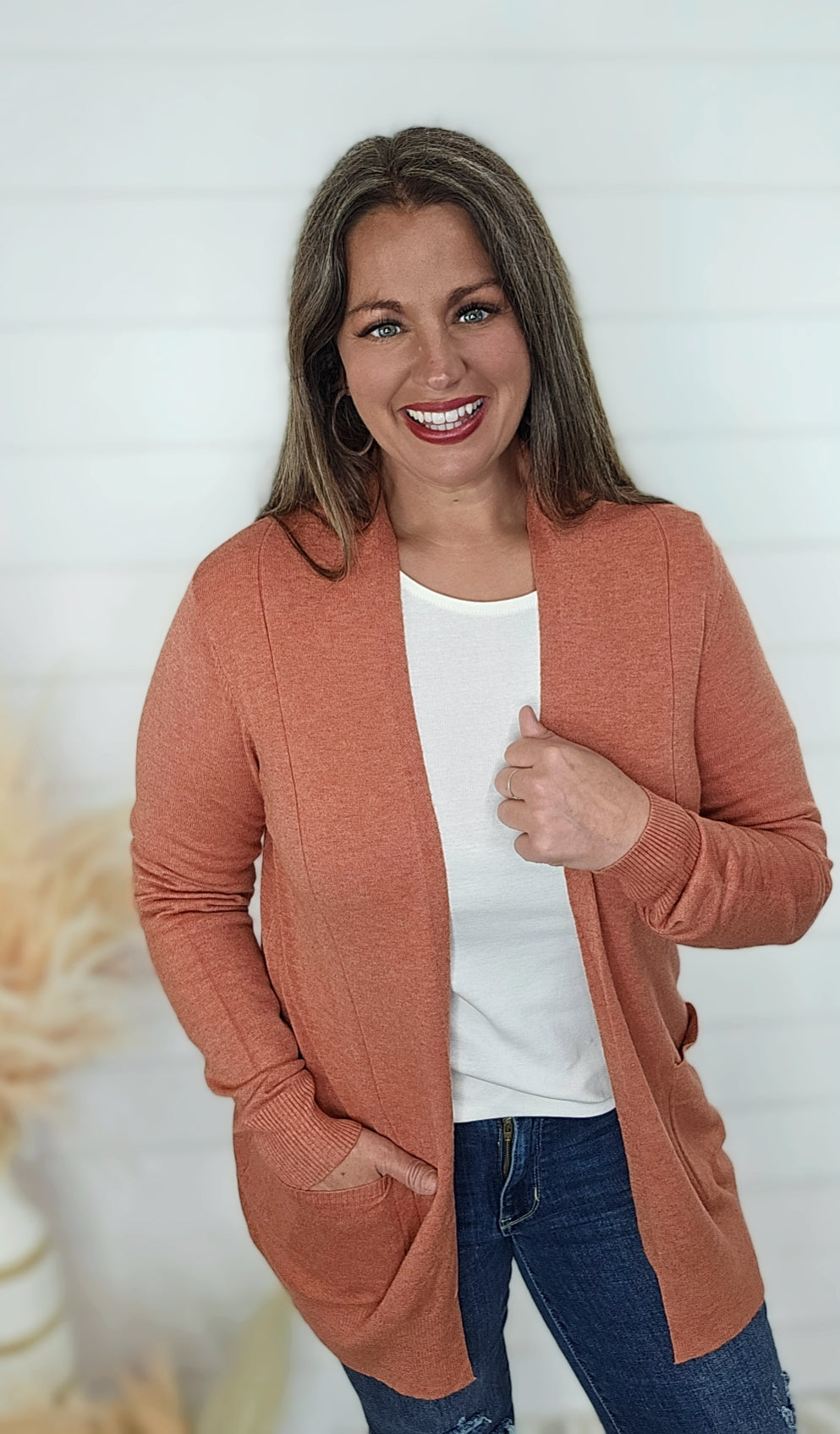 HEATHERED REDWOOD ULTRA SOFT OPEN FRONT CARDIGAN W/ SIDE POCKETS