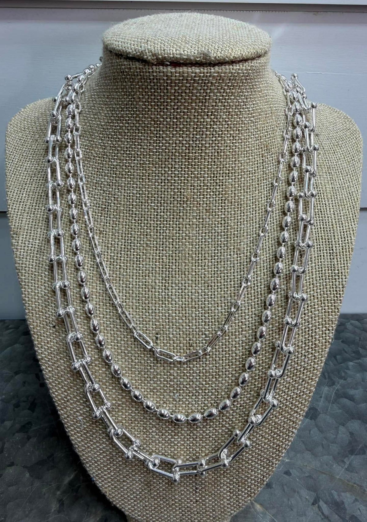 WATER RESISTANT TRIPLE LAYERED SILVER BEADED AND CHAIN NECKLACE