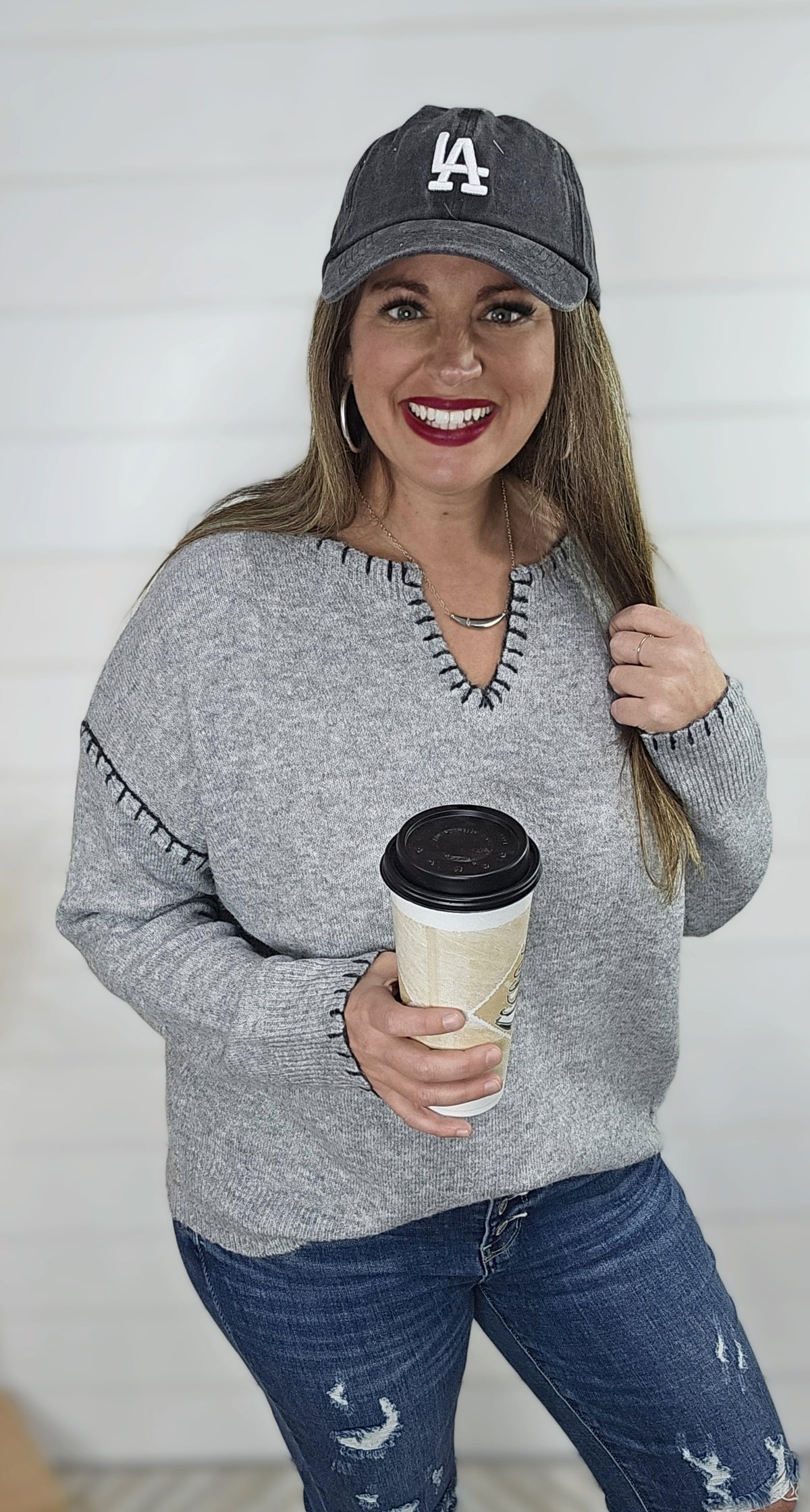 HEATHER GREY BLANKET STITCH NOTCHED NECKLINE PULLOVER SWEATER