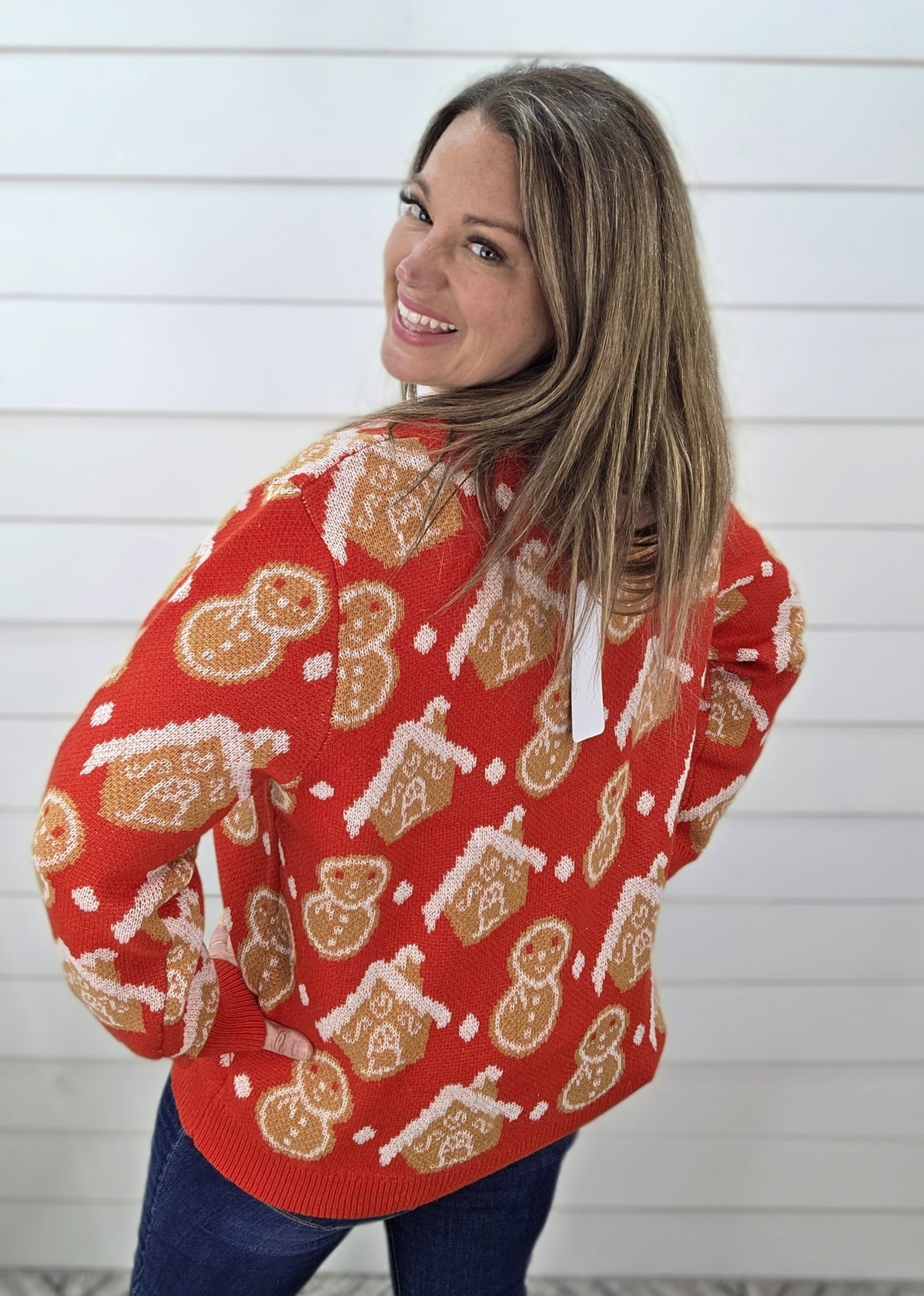 RED GINGERBREAD BUTTON CARDIGAN SWEATER