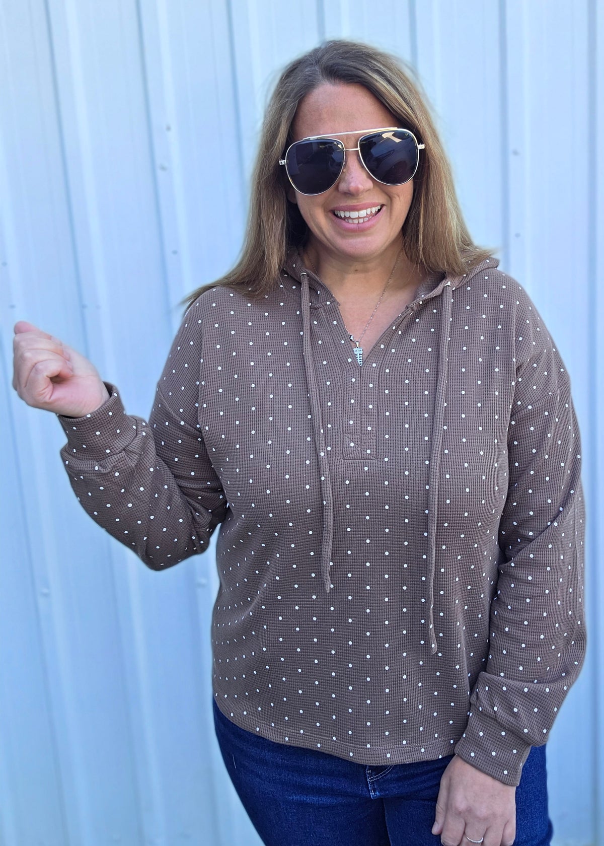 Coffee Drawstring Y Split Neck, Long Sleeve, Polka Dot Printed Light Weight Hoodie