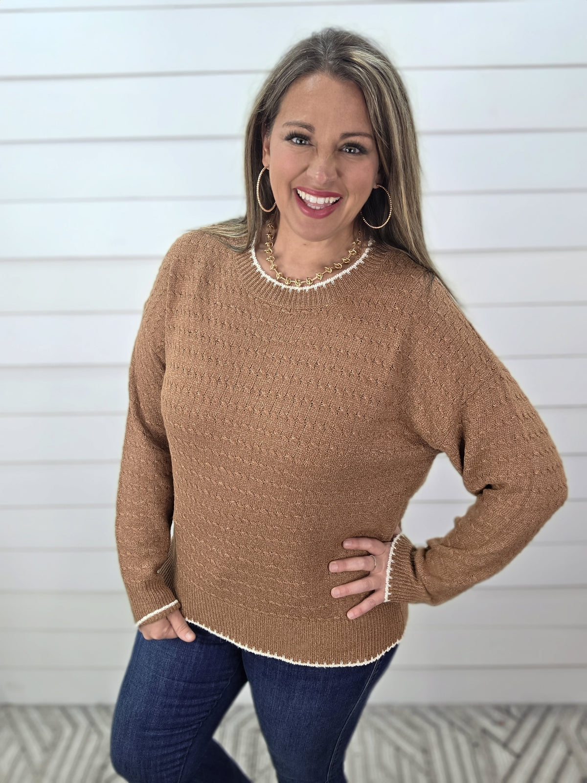 CAMEL CABLE TEXTURED/ CREAM TRIM SWEATER