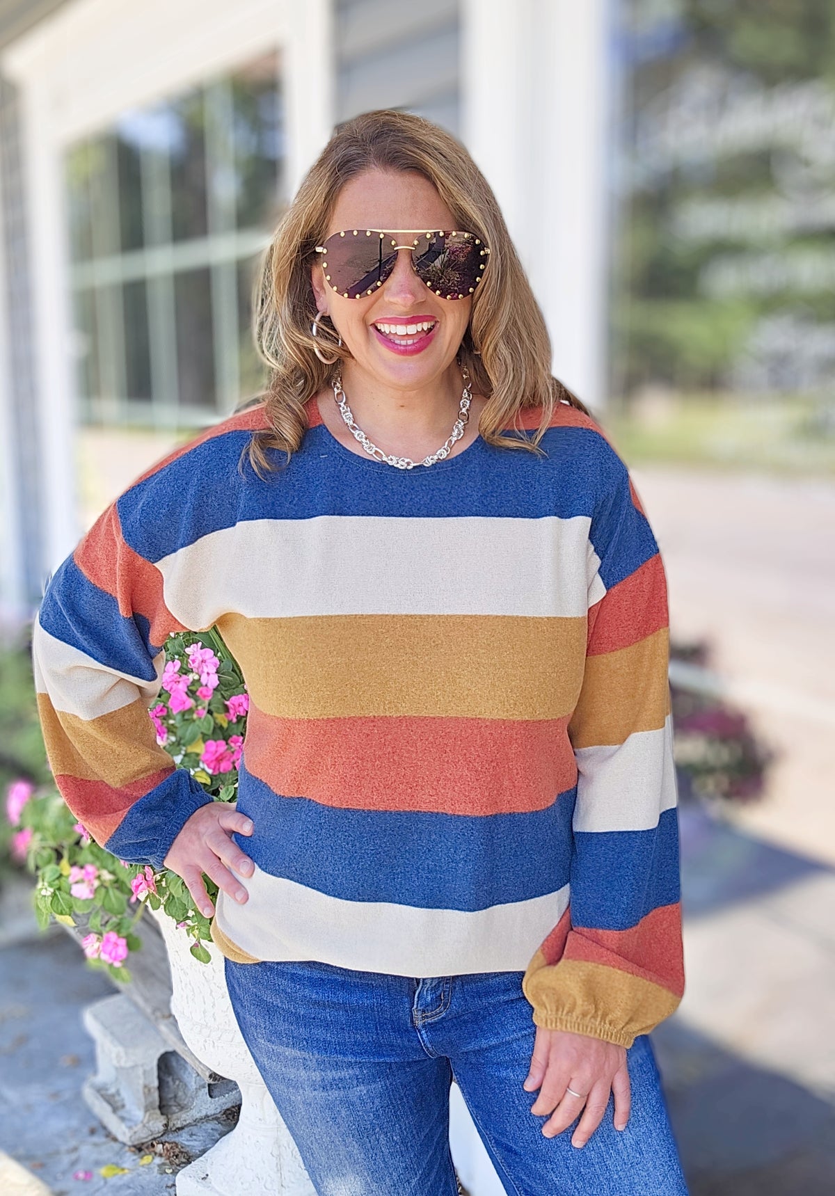 MULTI COLOR WIDE STRIPED BRUSHED KNIT CREW NECK