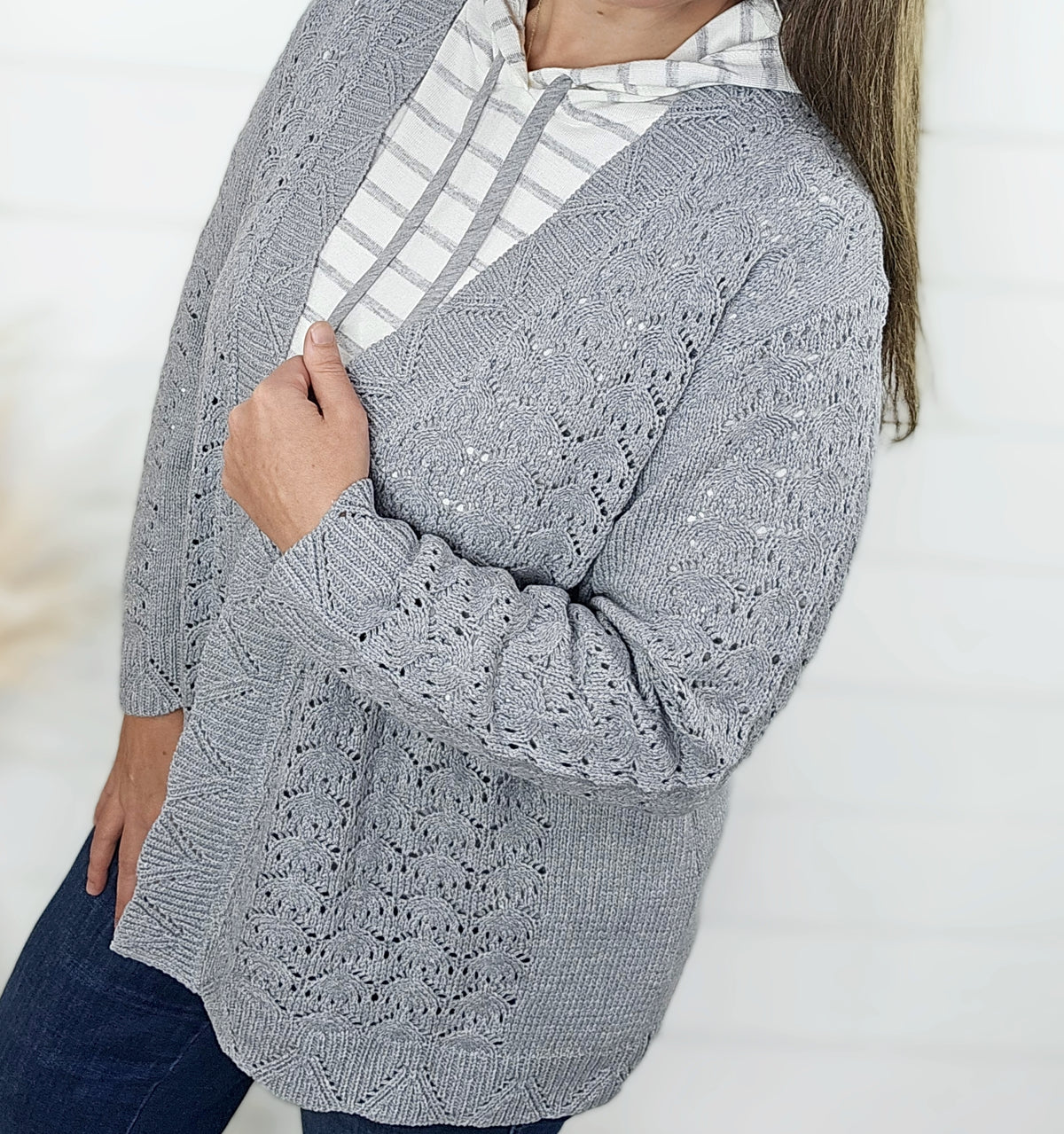 SOUTHERN LADY GREY OPEN WEAVE CARDIGAN