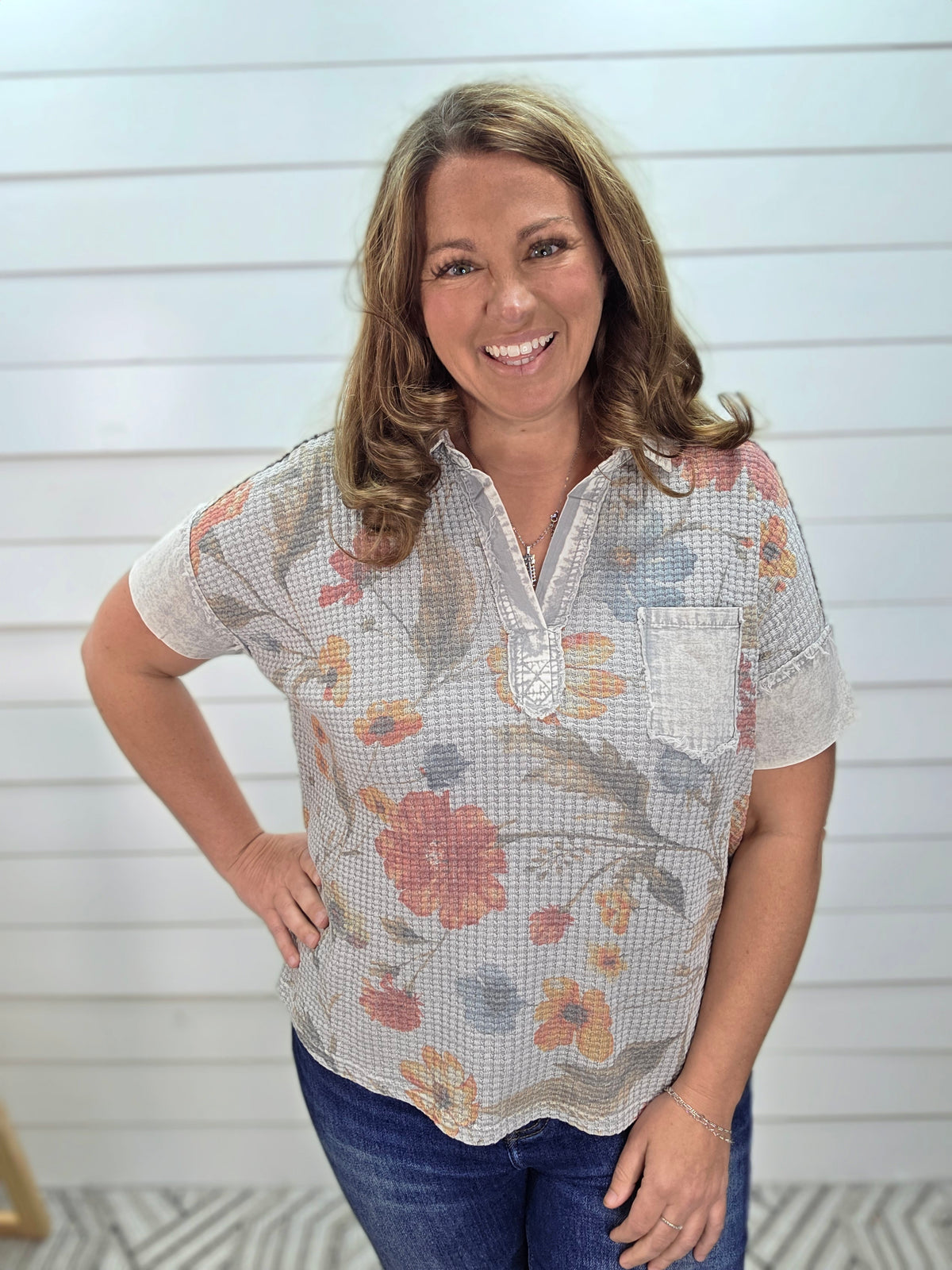 GREY WAFFLE TEXTURE OVERSIZED FLORAL PRINT TOP