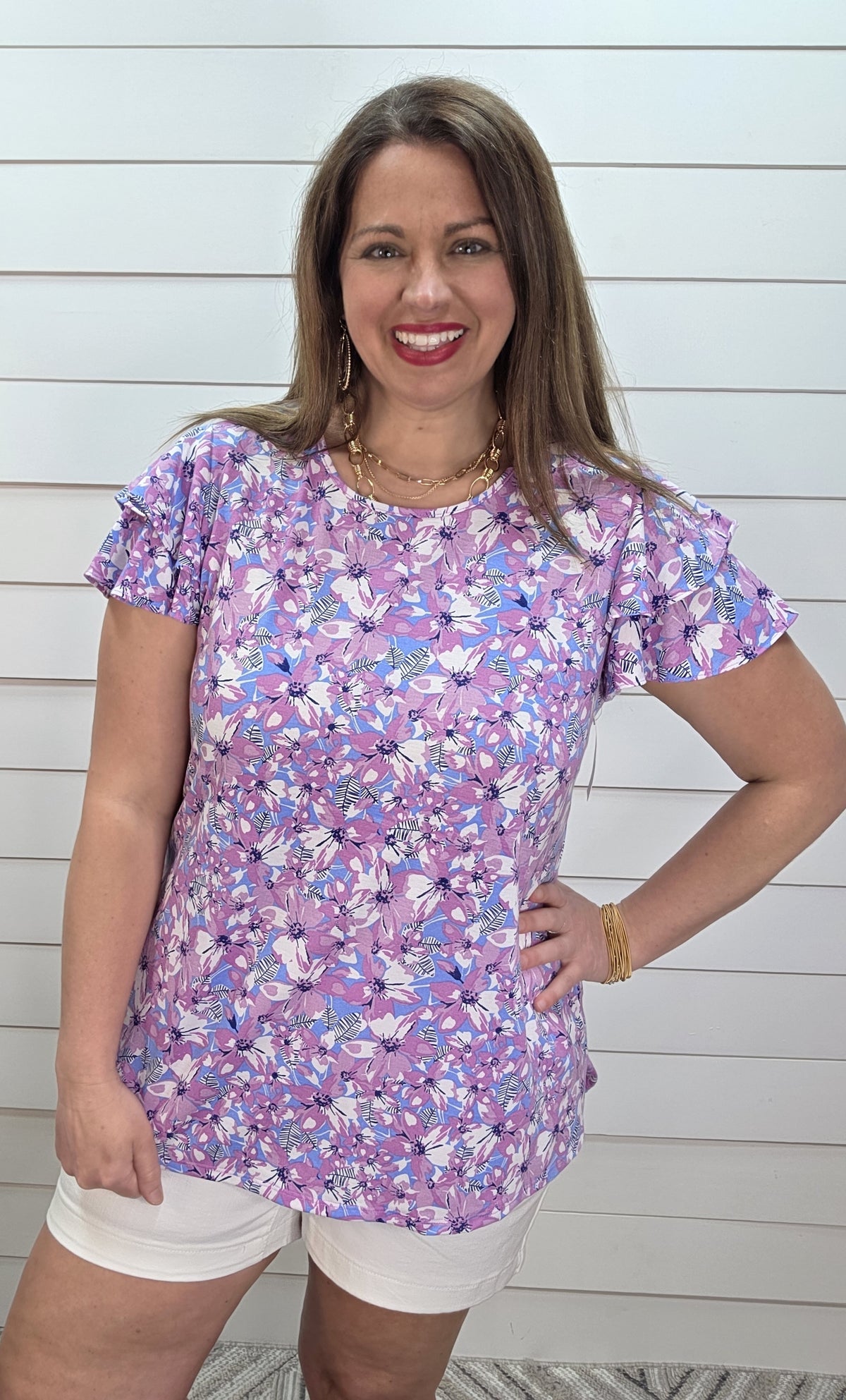 BLUE/LAVENDER FLORAL KNIT TOP W/ RUFFLE SLEEVE