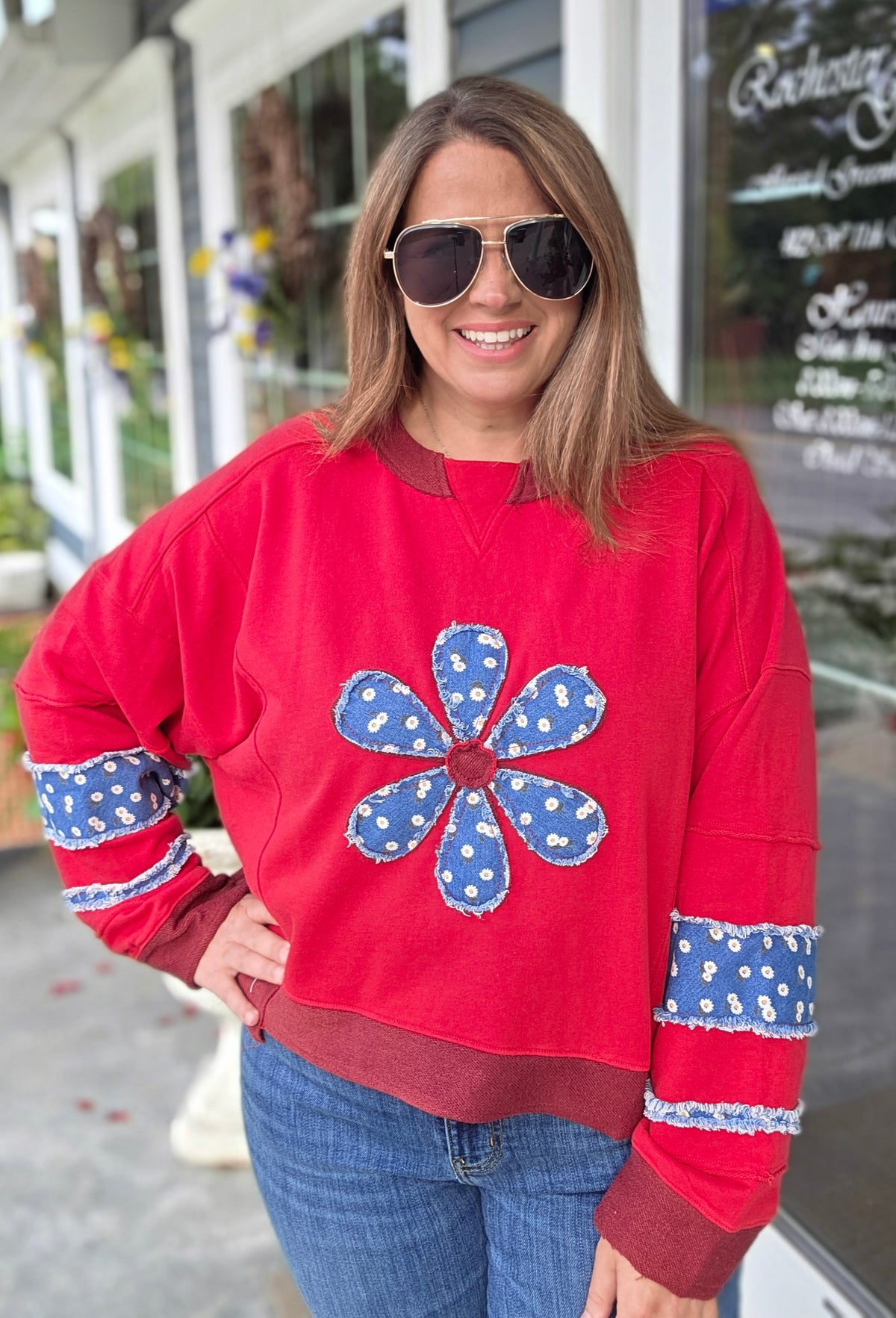 RED DENIM FLORAL FRENCH TERRY KNIT TOP