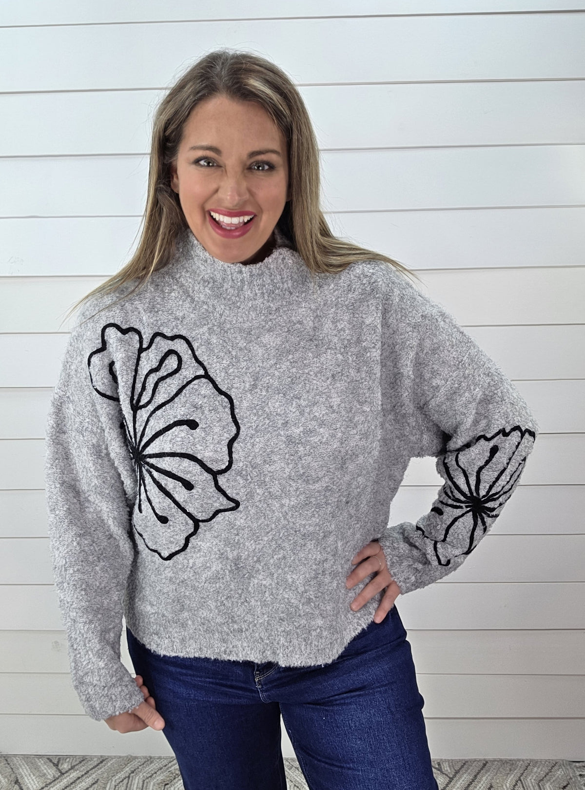 GREY PLUSH 3D FLORAL MOCK NECK SWEATER