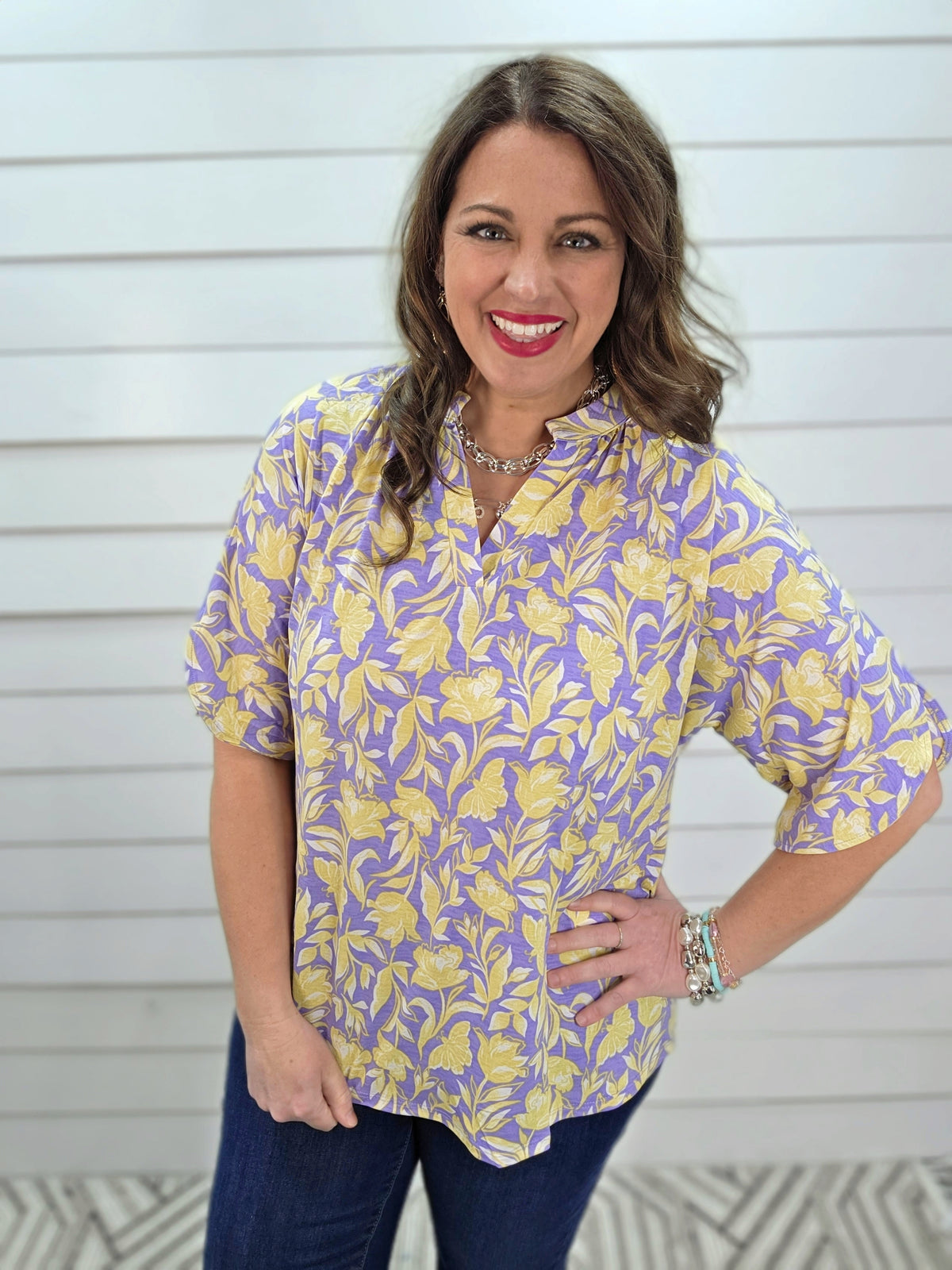 DEAR SCARLETT BREEZE SPLIT SLEEVE TOP - LILAC YELLOW FLORAL PRINT