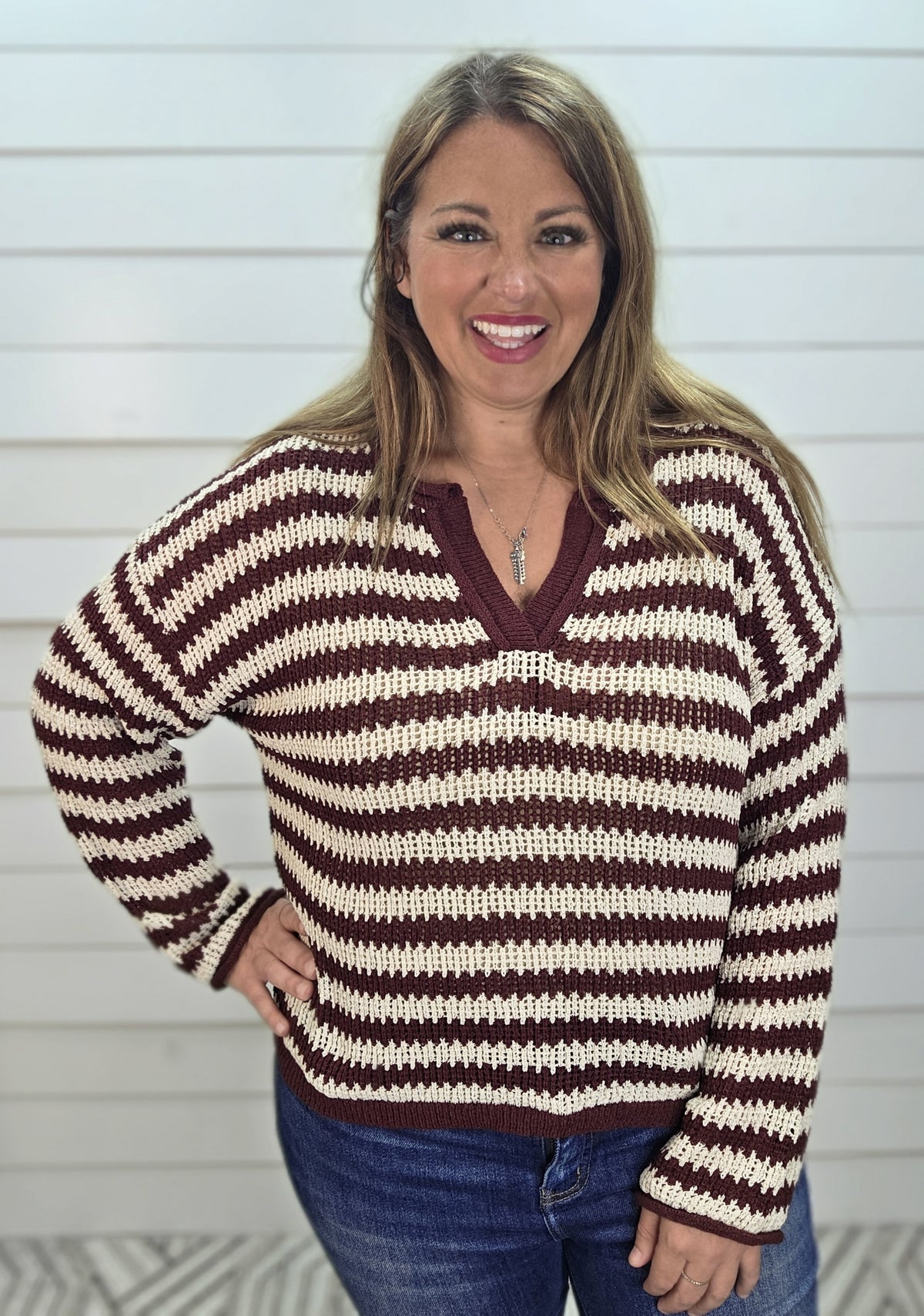 BURGUNDY Stripe Raw Edge Split Neck Sheer Knit Sweater