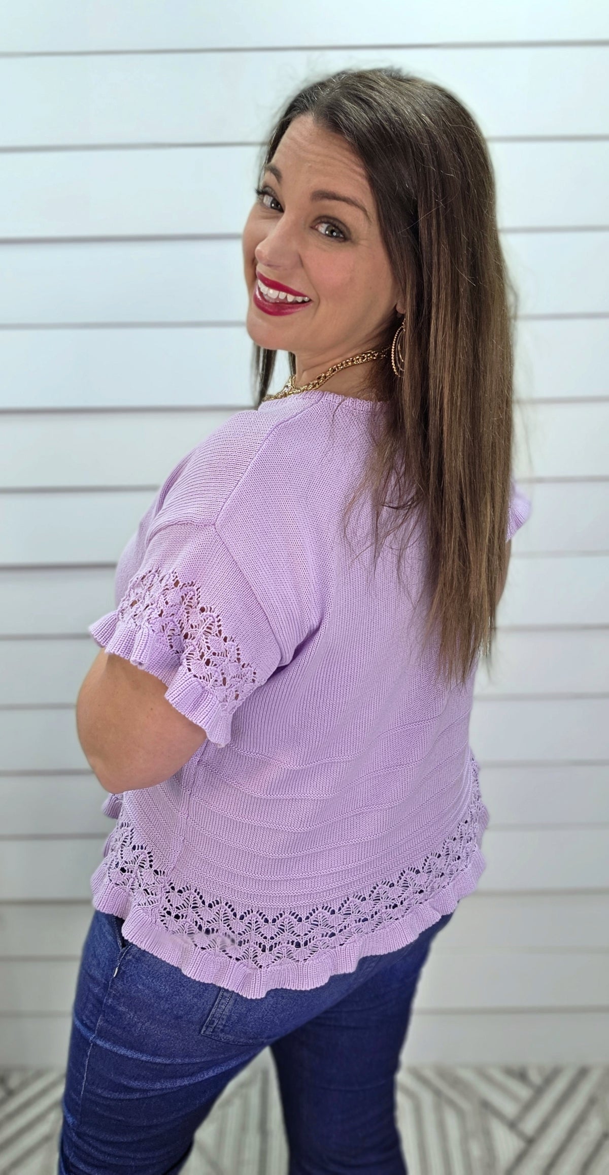 LAVENDER SWEATER KNIT SHORT SLEEVE TOP W/ CROCHET DETAIL