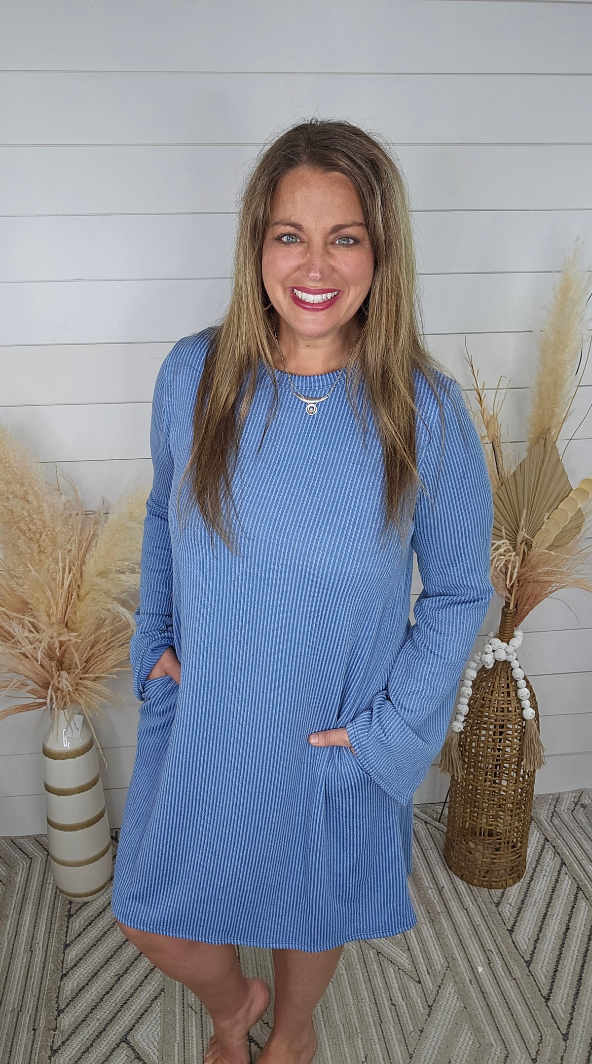 VINTAGE DENIM RAISED RIBBED LONG SLEEVE KNIT DRESS