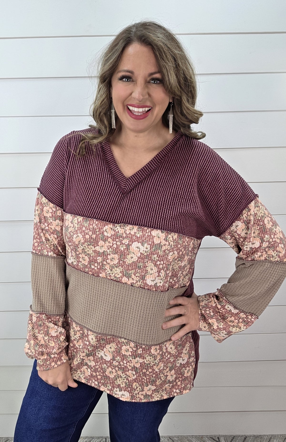 BURGUNDY RAISED RIBBED FLORAL COLORBLOCK KNIT TOP