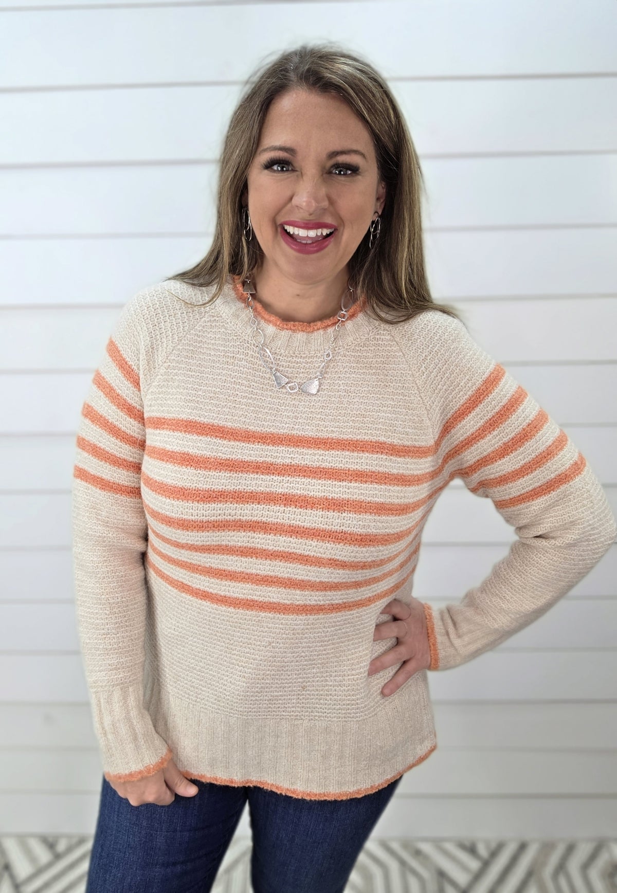 ORANGE TEXTURED STRIPED CONTRAST KNIT SWEATER