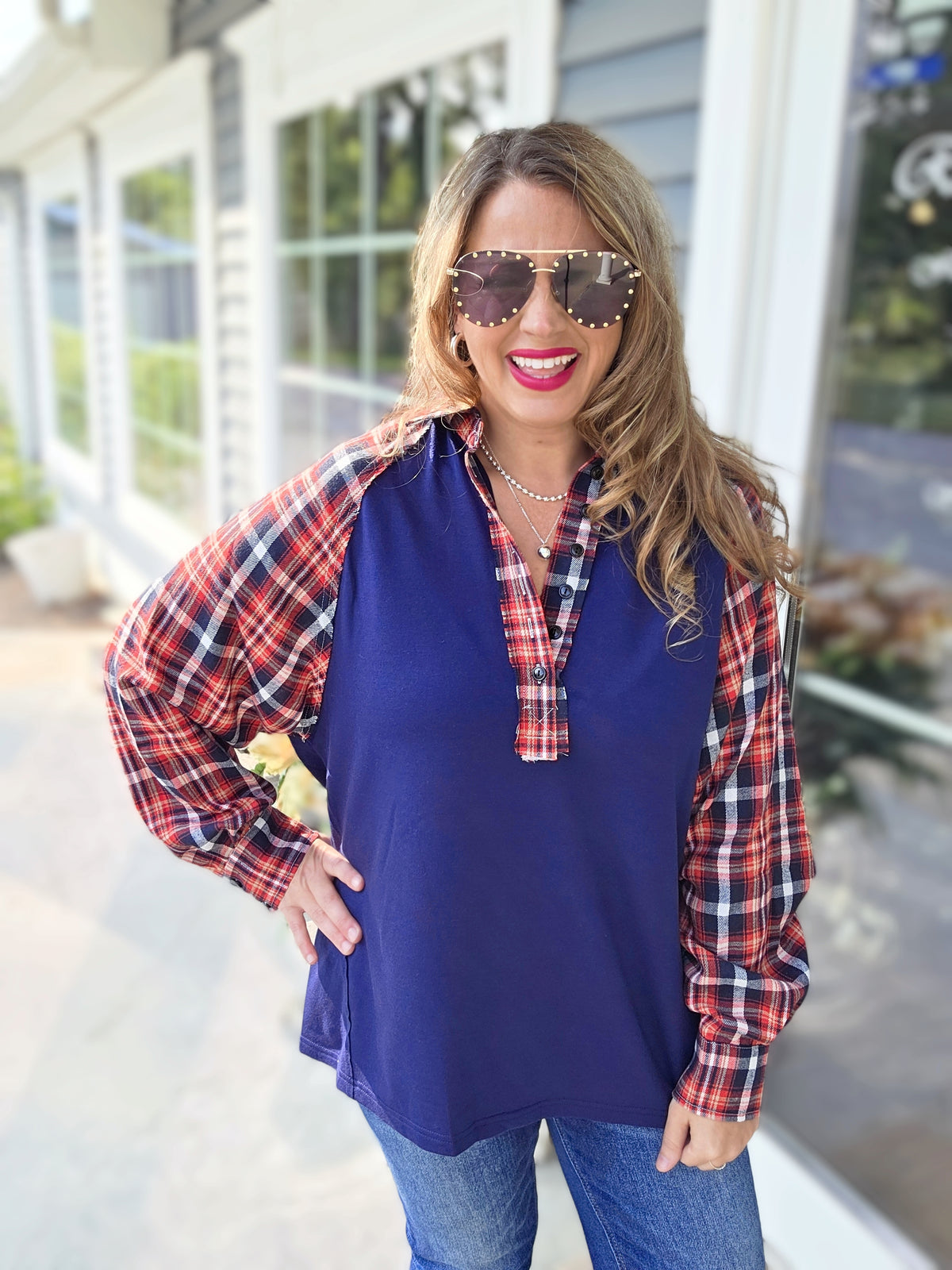 NAVY/RED PLAID CONTRAST FRENCH TERRY TOP