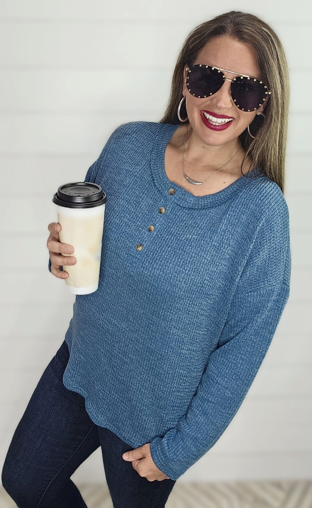 DUSTY TEAL TEXTURED HENLEY LONG SLEEVE KNIT TOP