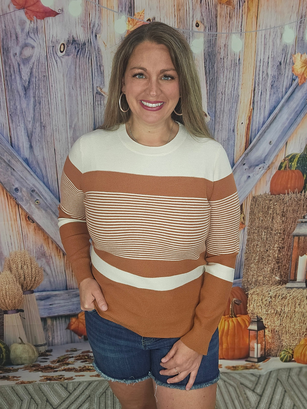 COPPER MINI WAFFLE COLORBLOCK STRIPED CREW NECK SWEATER