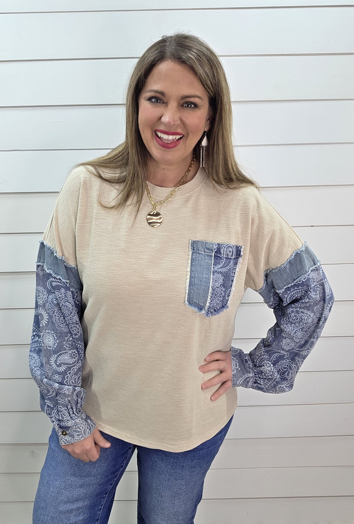 BEIGE COTTON TOP W/ DENIM/PAISLEY CONTRAST
