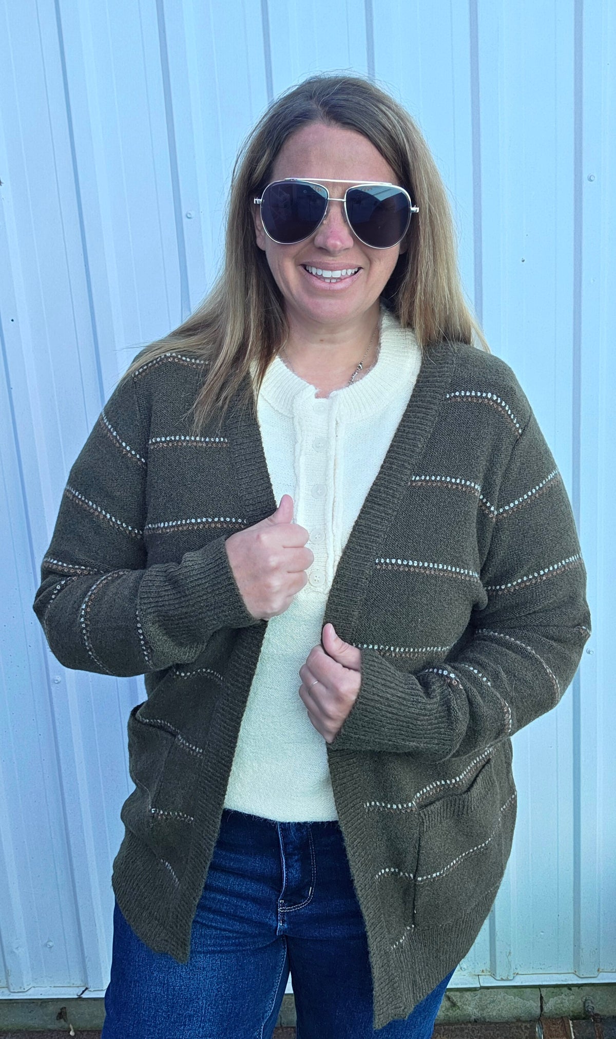 Olive Texture Multi Striped, Open Front Cardigan