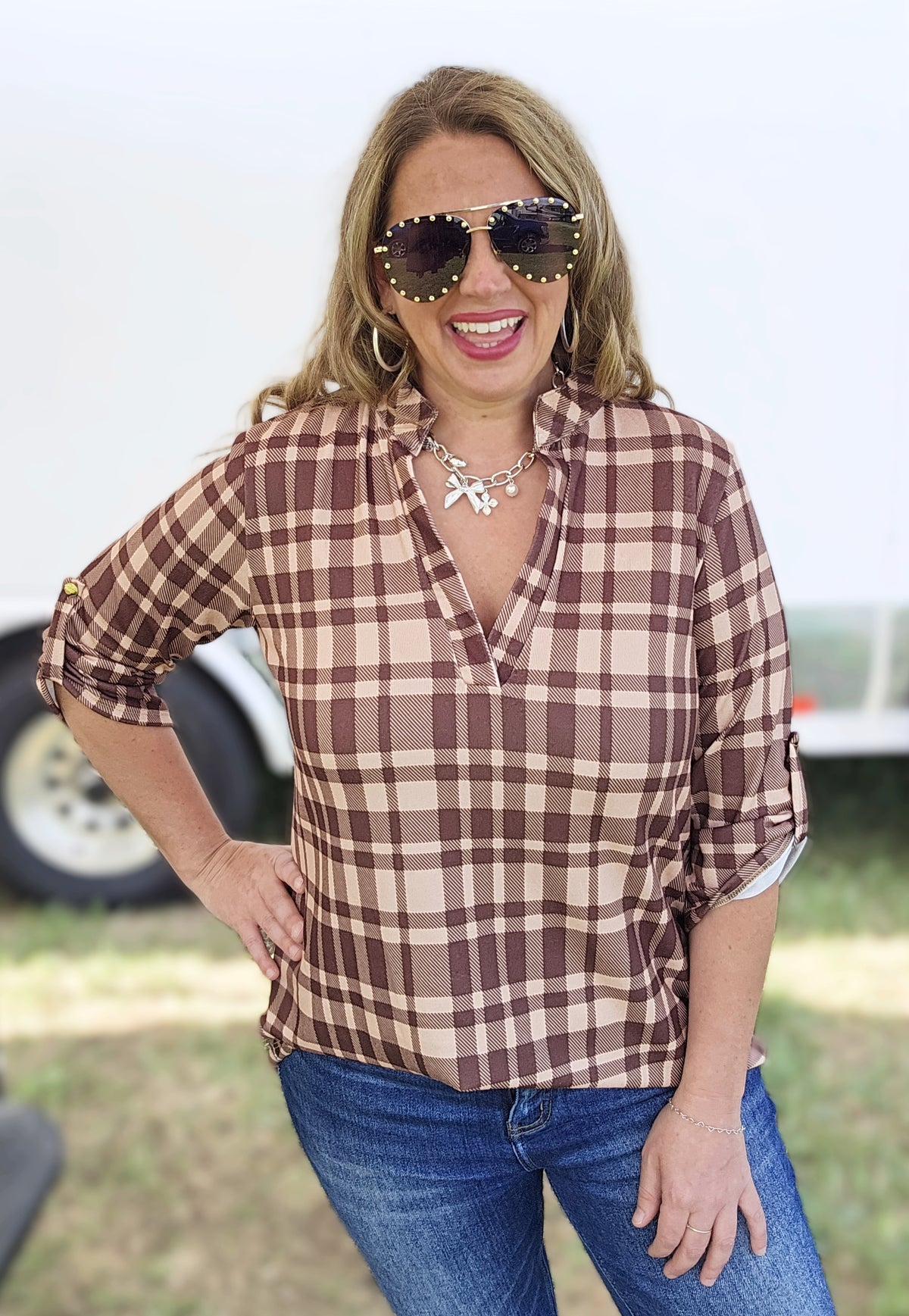 BROWN CHECK PLAID 3/4 SLEEVE KNIT TOP