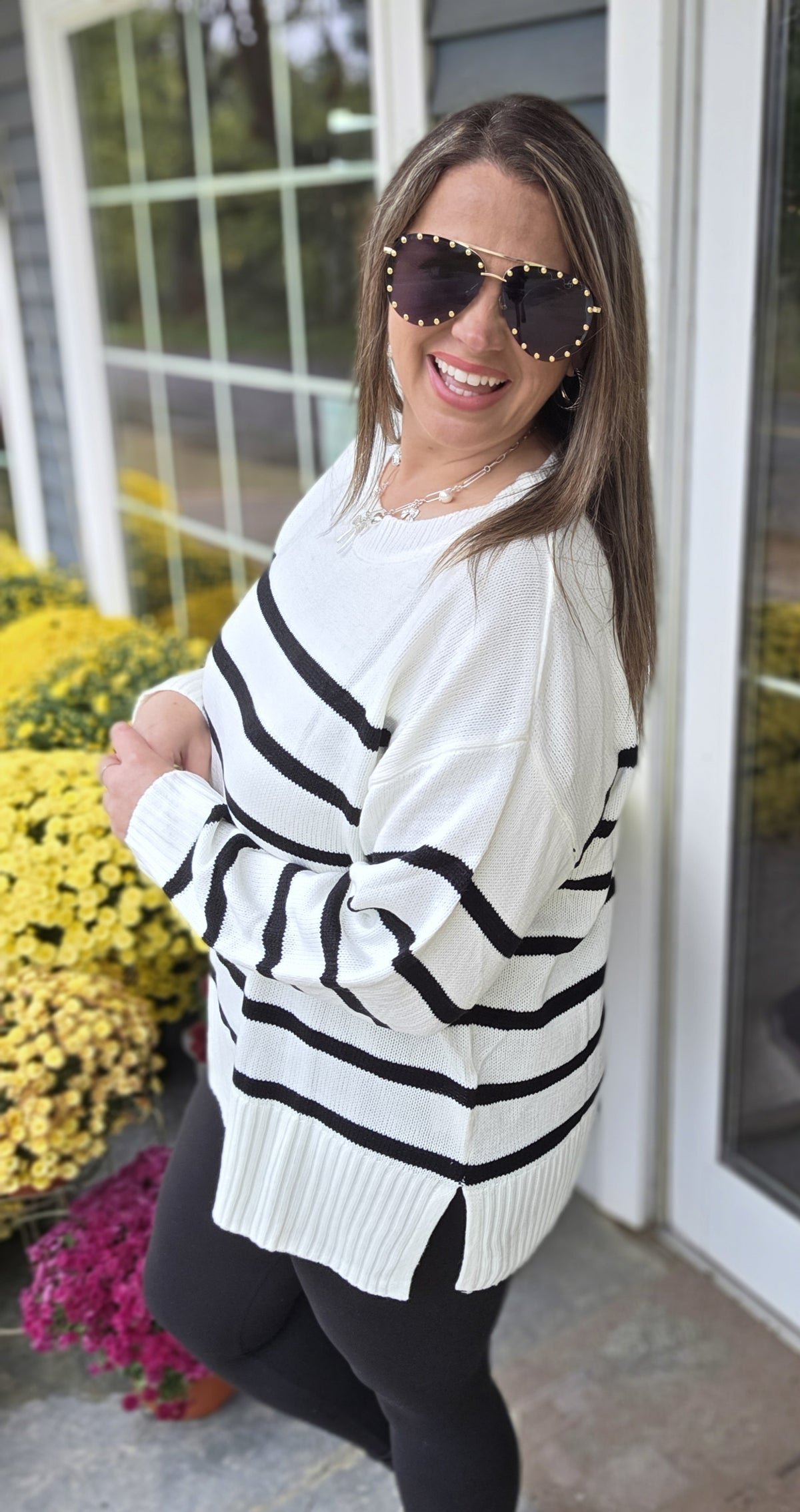 IVORY/BLACK STRIPED OVERSIZED CREW NECK SWEATER