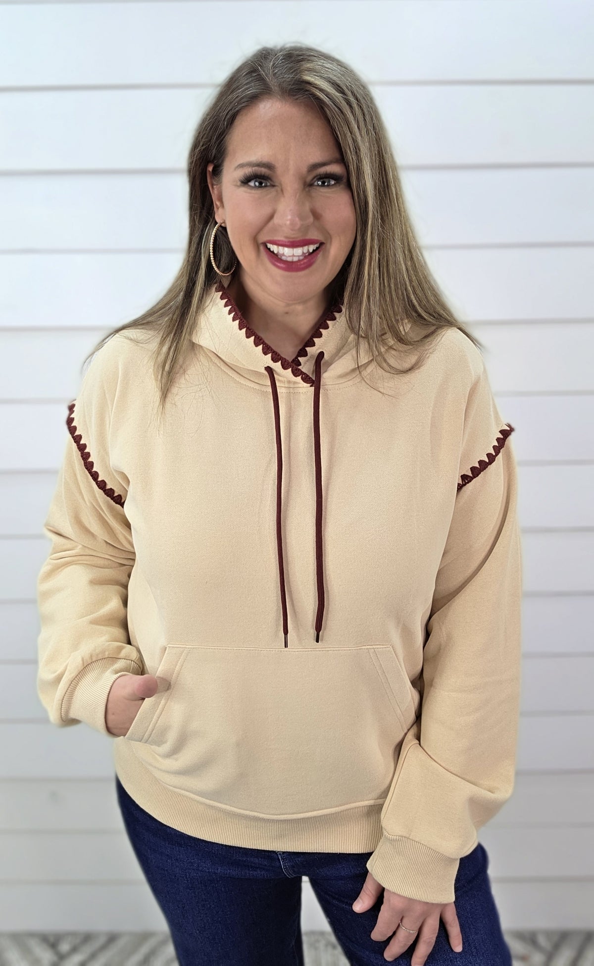BEIGE/WINE STITCHED HOODIE