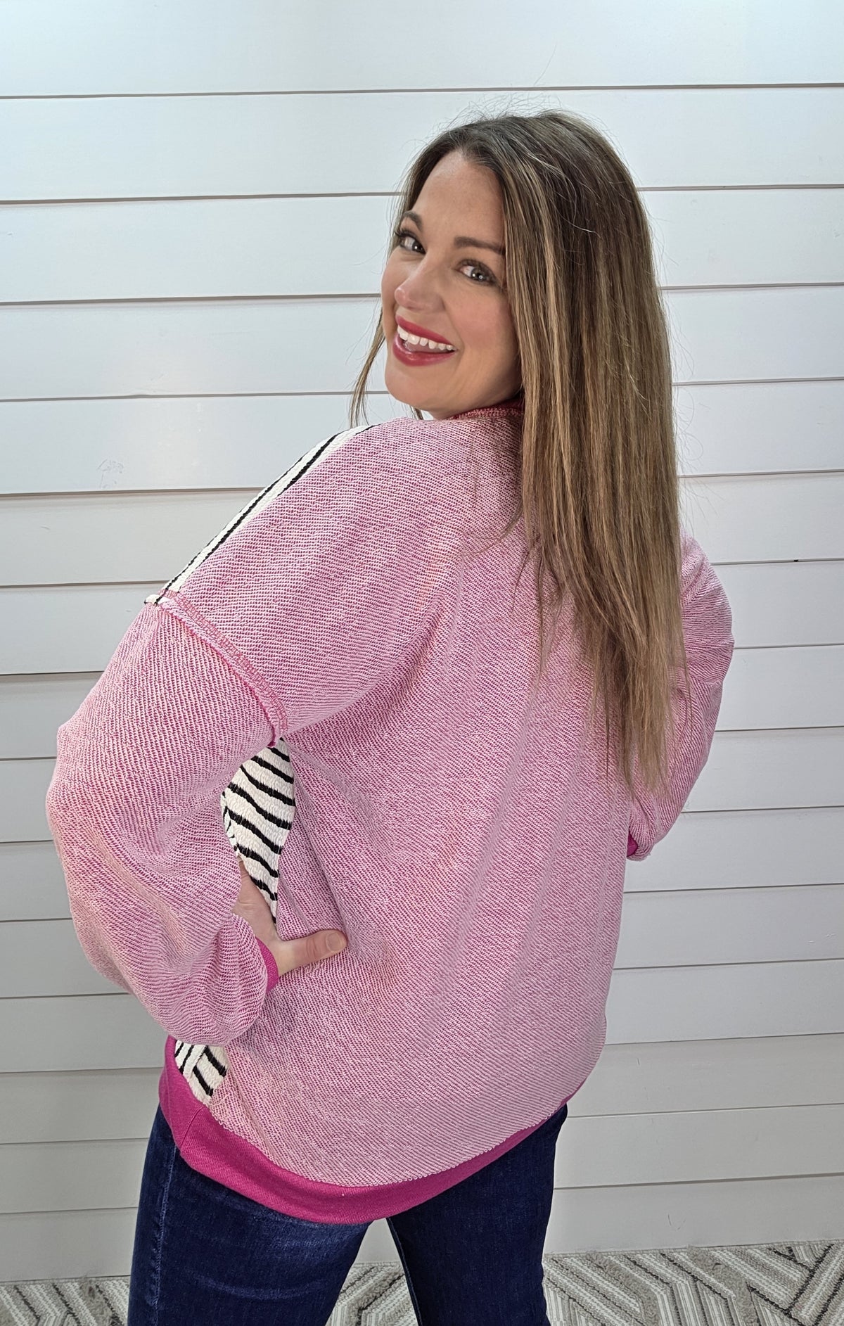 ROSEBERRRY STRIPED KNIT TOP W/ SIDE POCKETS