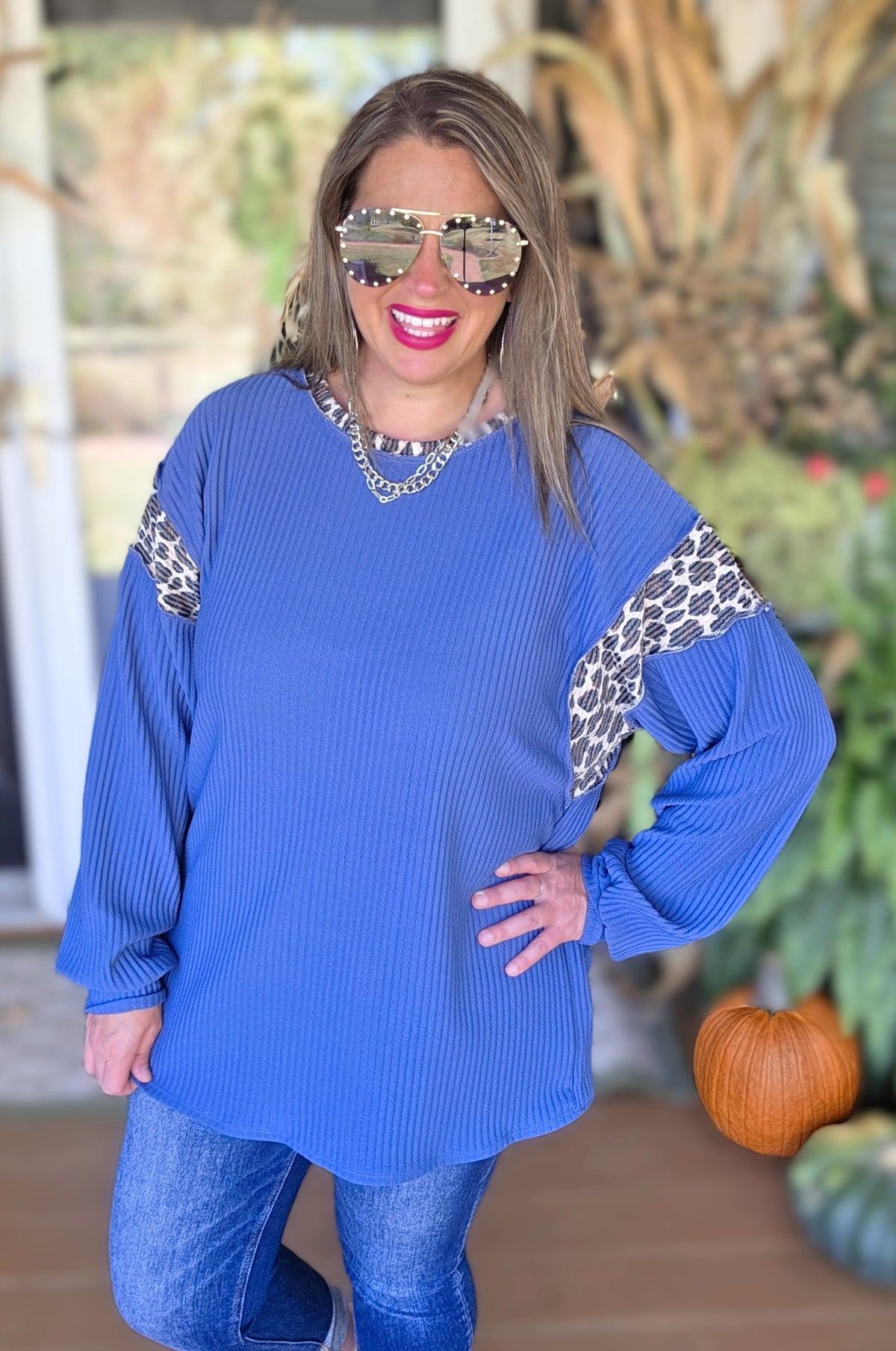 DENIM BLUE RIBBED LEOPARD CONTRAST KNIT TOP
