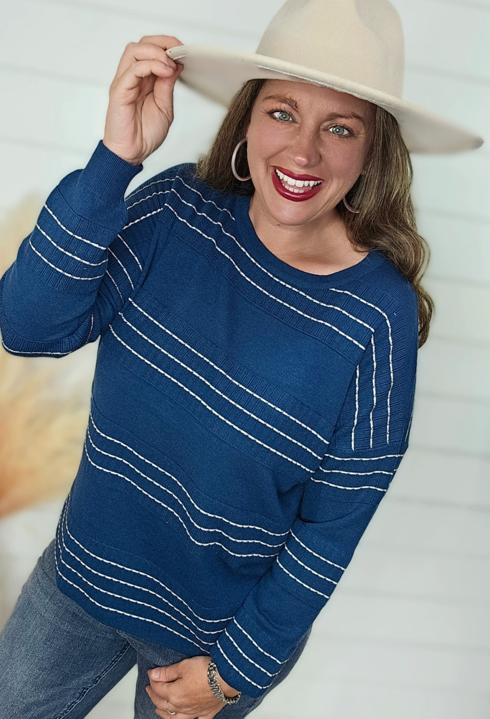 DARK TEAL STITCH STRIPED CREW NECK LIGHT WEIGHT SWEATER