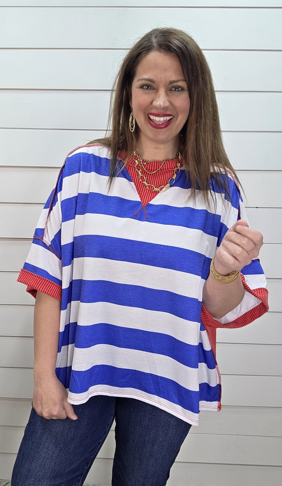BLUE/WHITE STRIPED W/ RED RAISED RIBBED TRIM KNIT OVERSIZED TOP