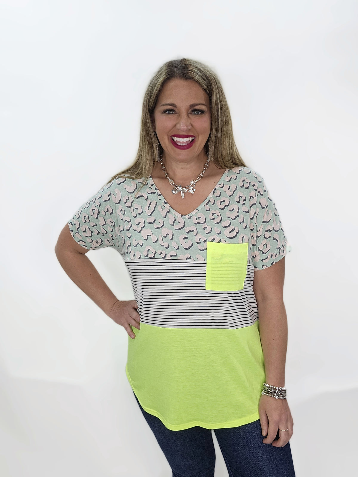 NEON LIME/STRIPED/ANIMAL COLORBLOCK V NECK KNIT TOP - FINAL SALE