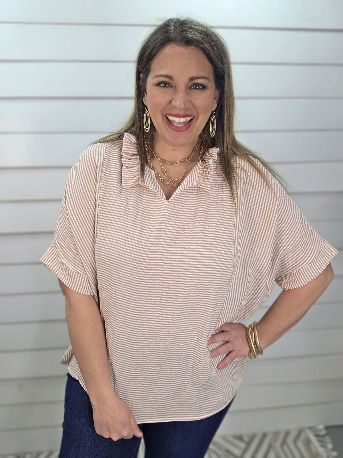 MAUVE PIN STRIPED OVERSIZED WOVEN DOLMAN TOP W/ FRILL NOTCH NECKLINE