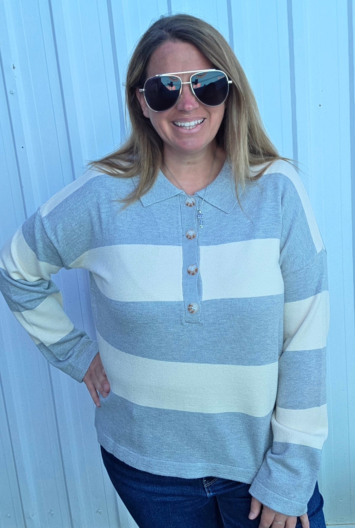 Heather Grey Wide Striped Button Neckline Oversized Sweater