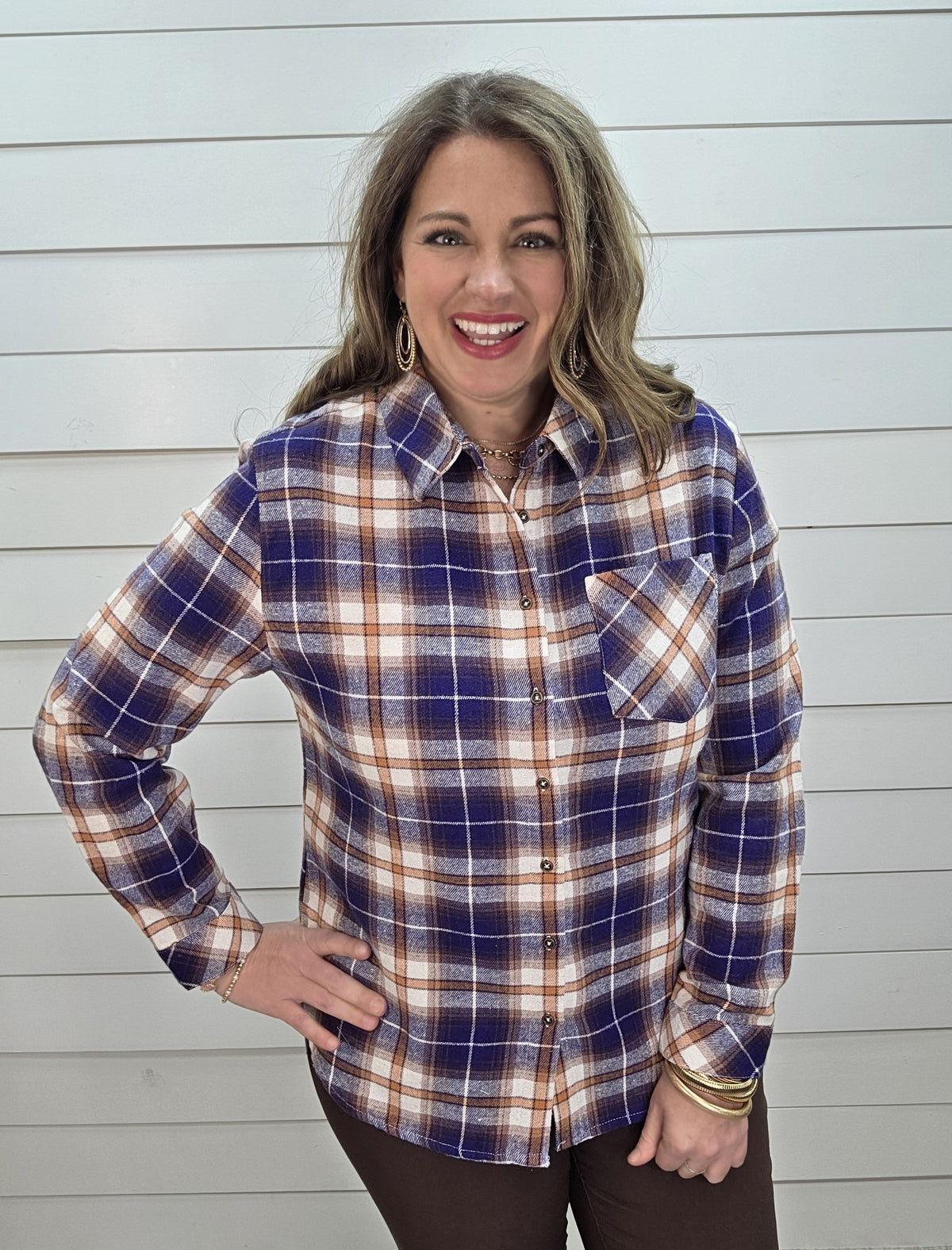 NAVY/BROWN PLAID FLANNEL BUTTON DOWN