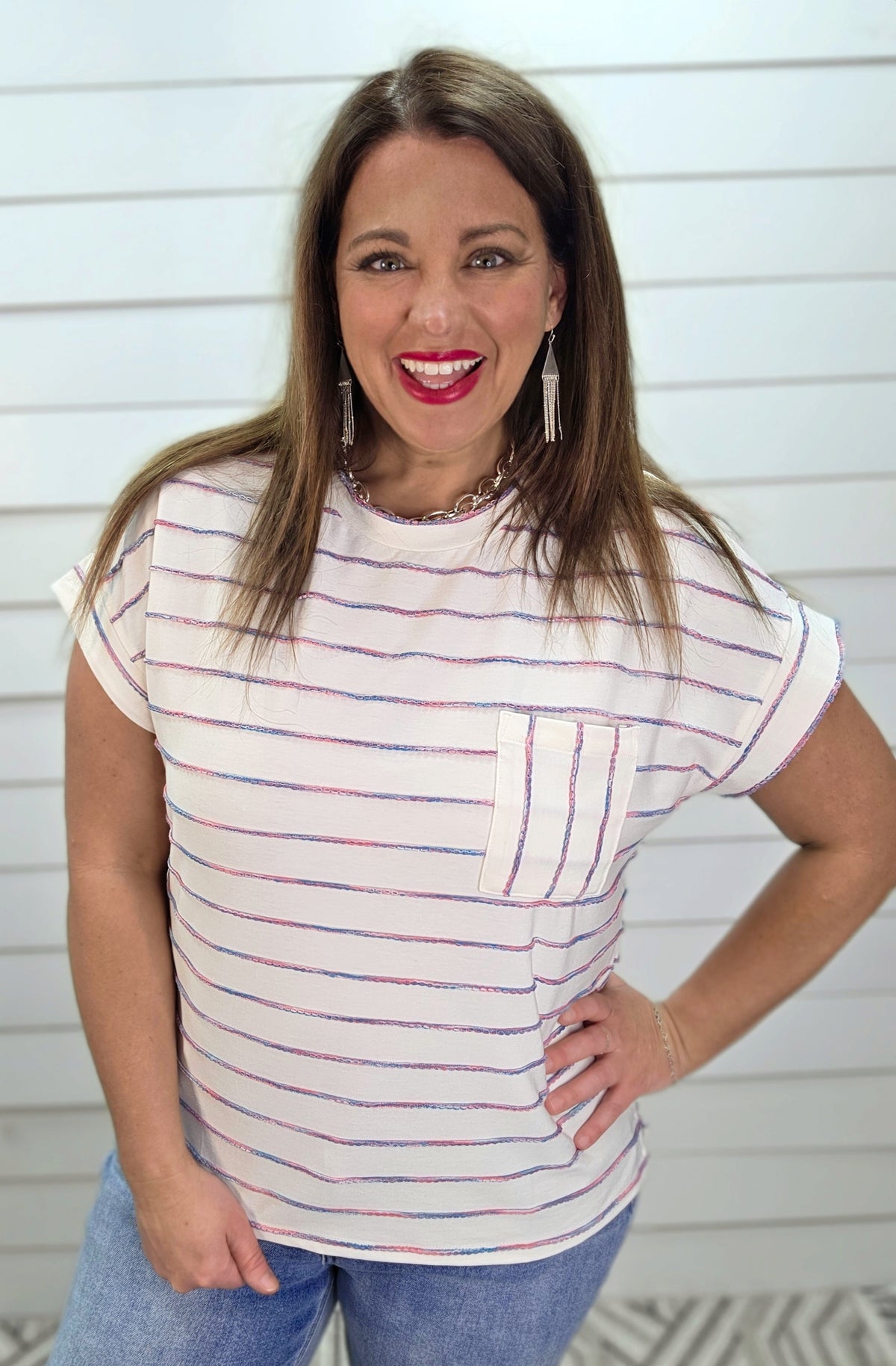 IVORY/MULTI COLOR THREAD KNIT POCKET TOP