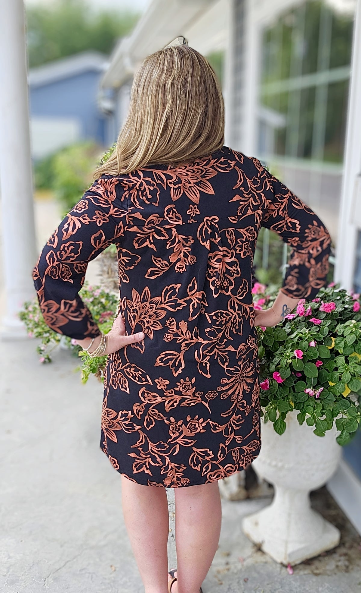 DEAR SCARLETT BLACK/RUST 3/4 SLEEVE DRESS