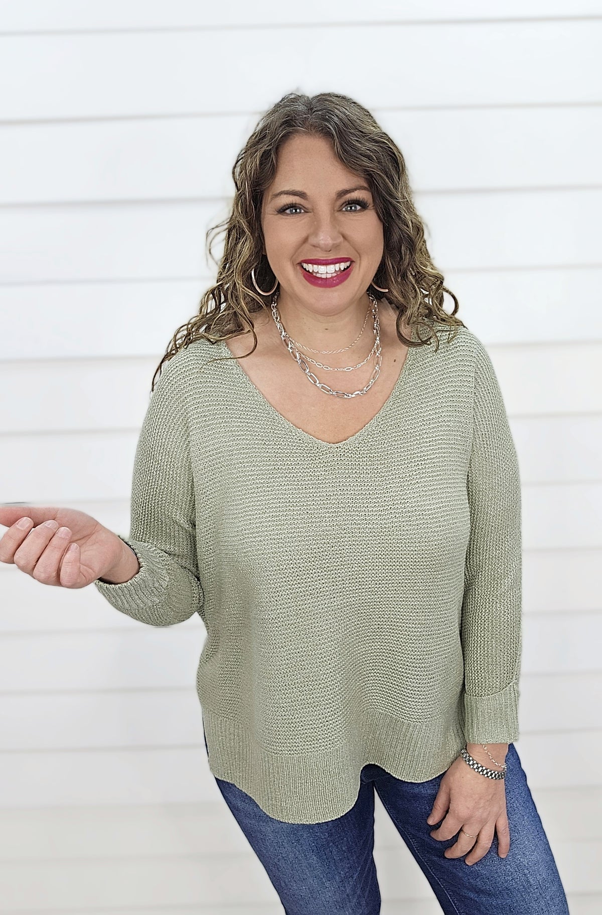 SAGE V NECK SLOUCH SWEATER W/ ROLLED SLEEVE